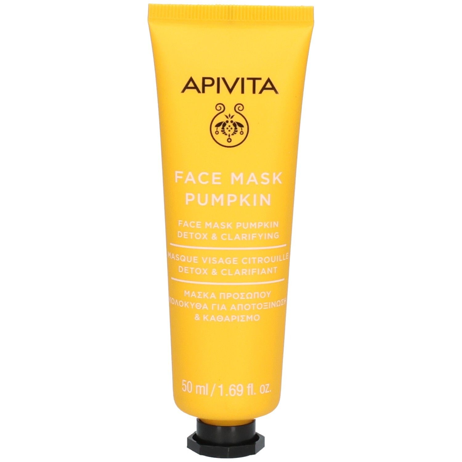 Tube jaune. Inscriptions: APIVITA, FACE MASK PUMPKIN, 50 ml/1.69 fl. oz. Bouchon noir.