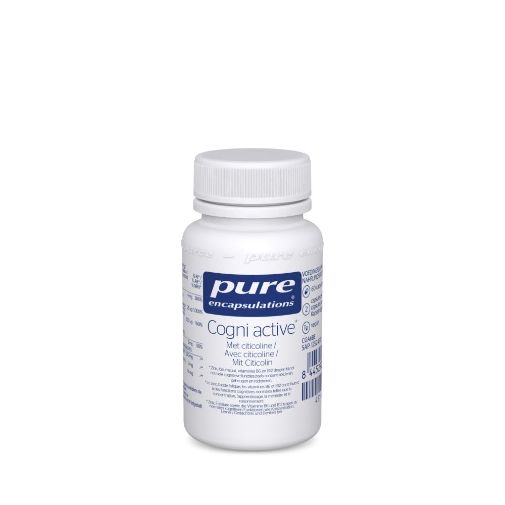 Flacon blanc avec capsules. Inscription: pure encapsulations, Cogni actif. Avec citicoline.