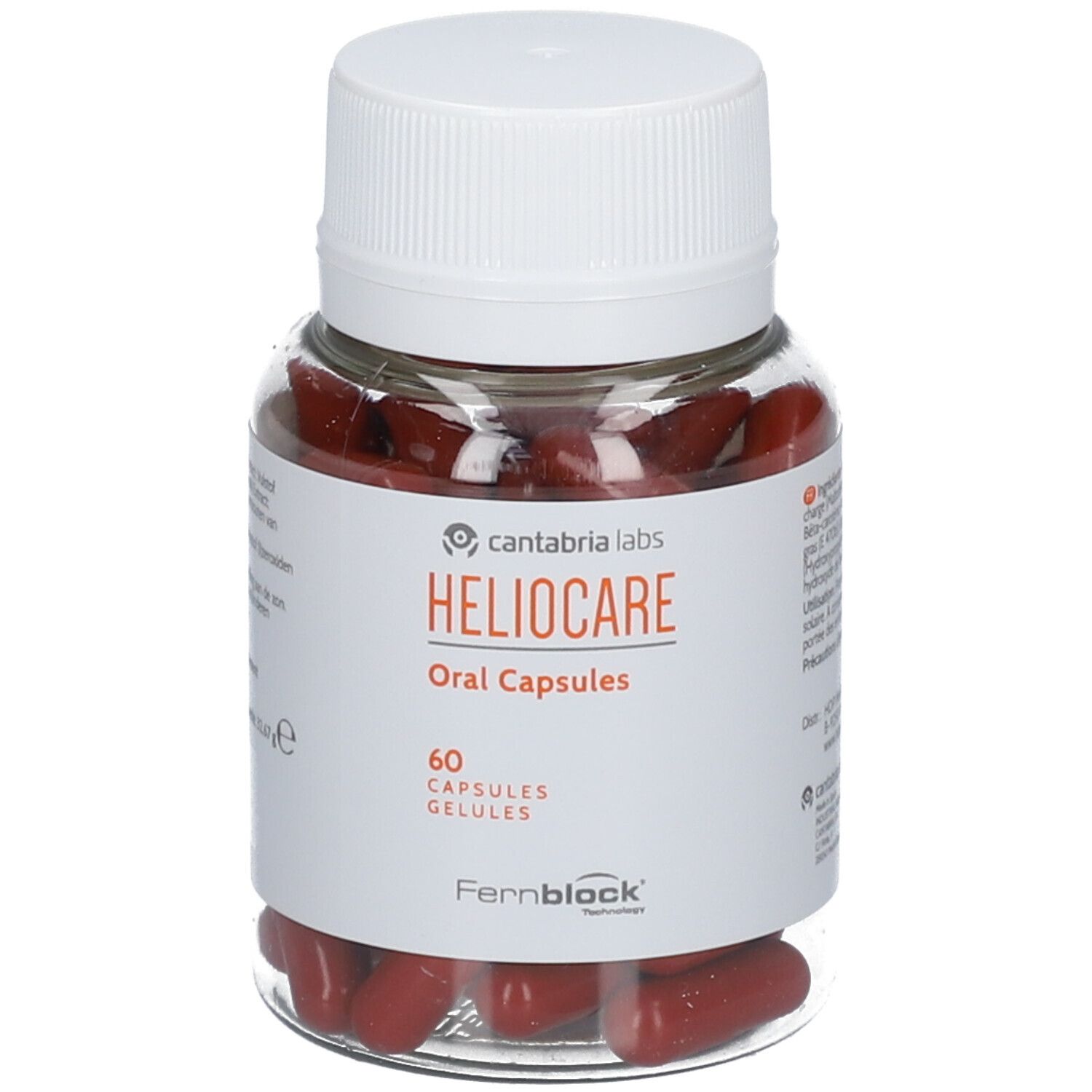 Flacon transparent avec bouchon blanc. Capsules rouges. Étiquette "Heliocare Oral Capsules" et "60 Capsules".