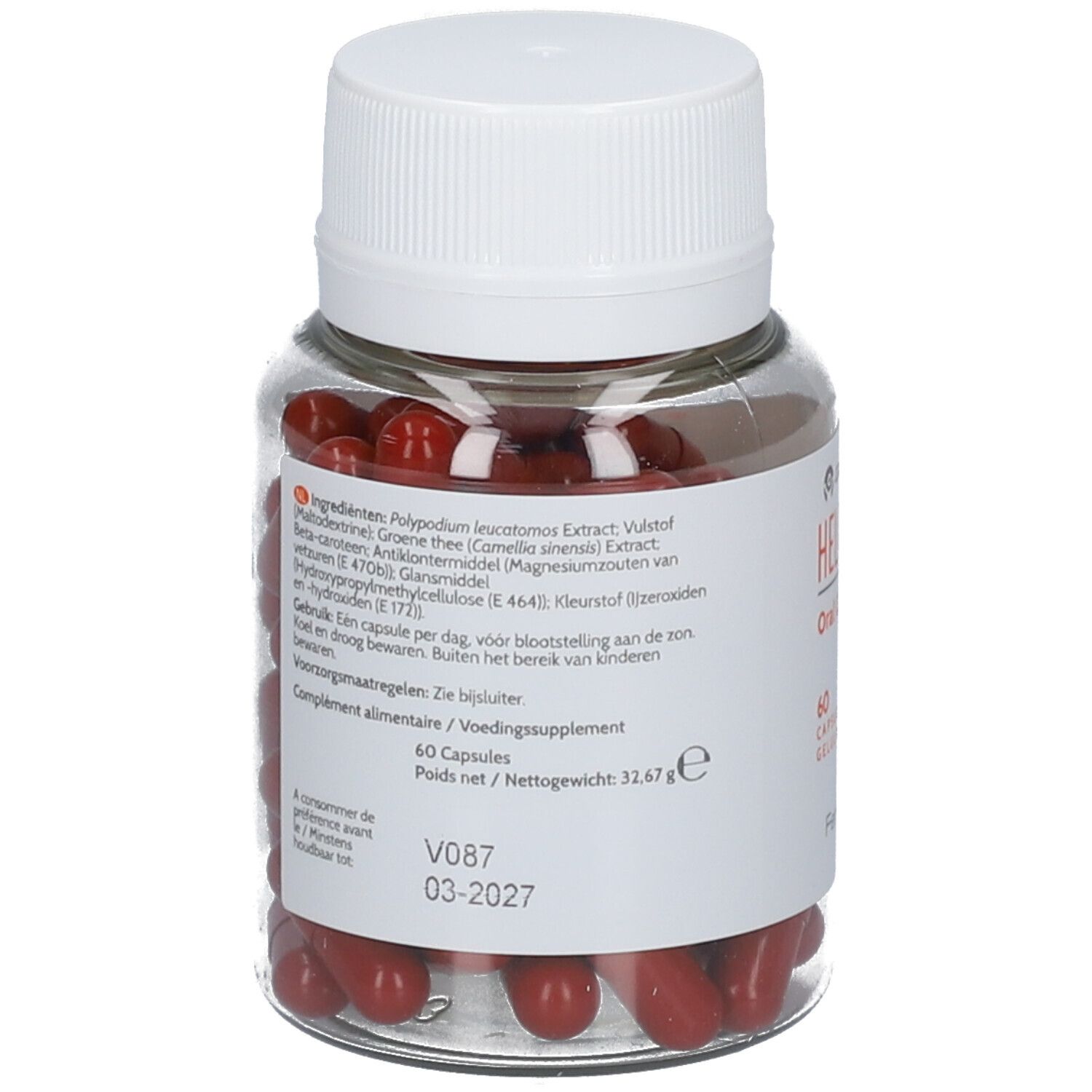 Dos d'un flacon transparent avec bouchon blanc. Capsules rouges. Étiquette avec ingrédients et utilisation.