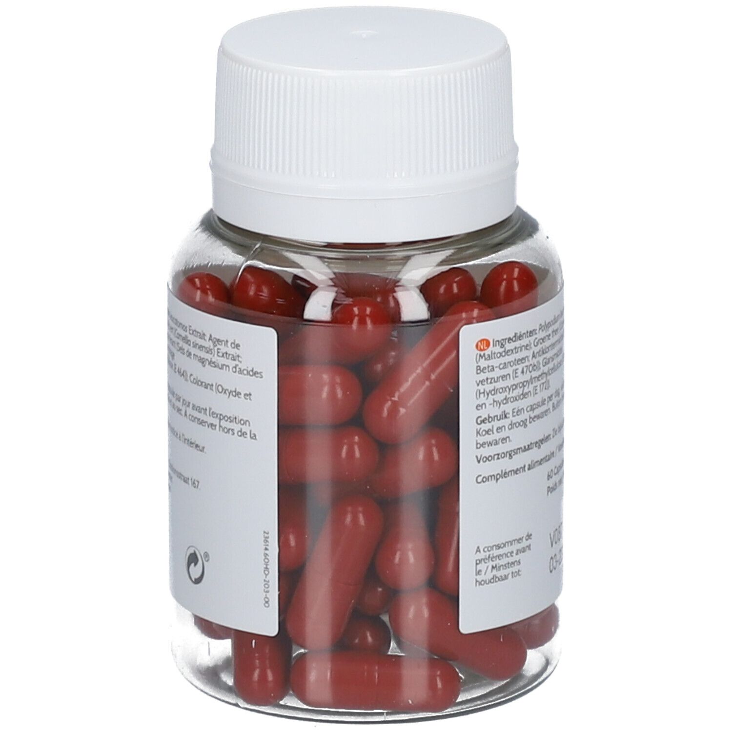 Vue latérale d'un flacon transparent avec bouchon blanc. Capsules rouges. Étiquette avec ingrédients.