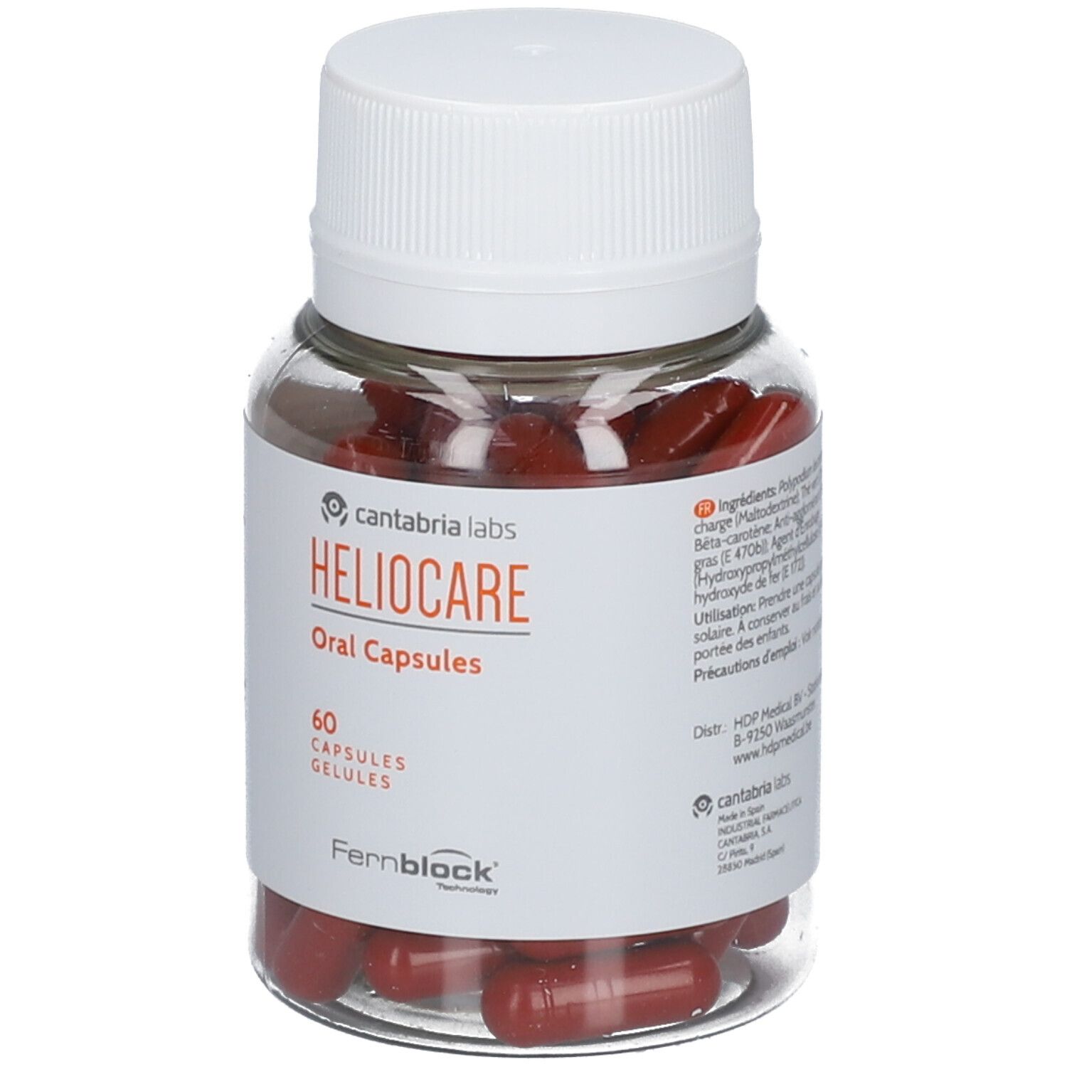 Flacon transparent avec bouchon blanc. Capsules rouges. Étiquette "Heliocare Oral Capsules" et "60 Capsules".