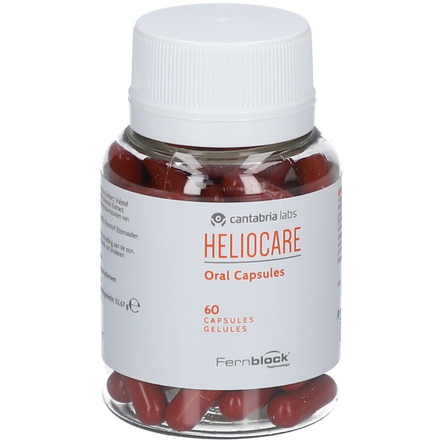 Flacon transparent avec bouchon blanc. Capsules rouges. Étiquette "Heliocare Oral Capsules" et "60 Capsules".