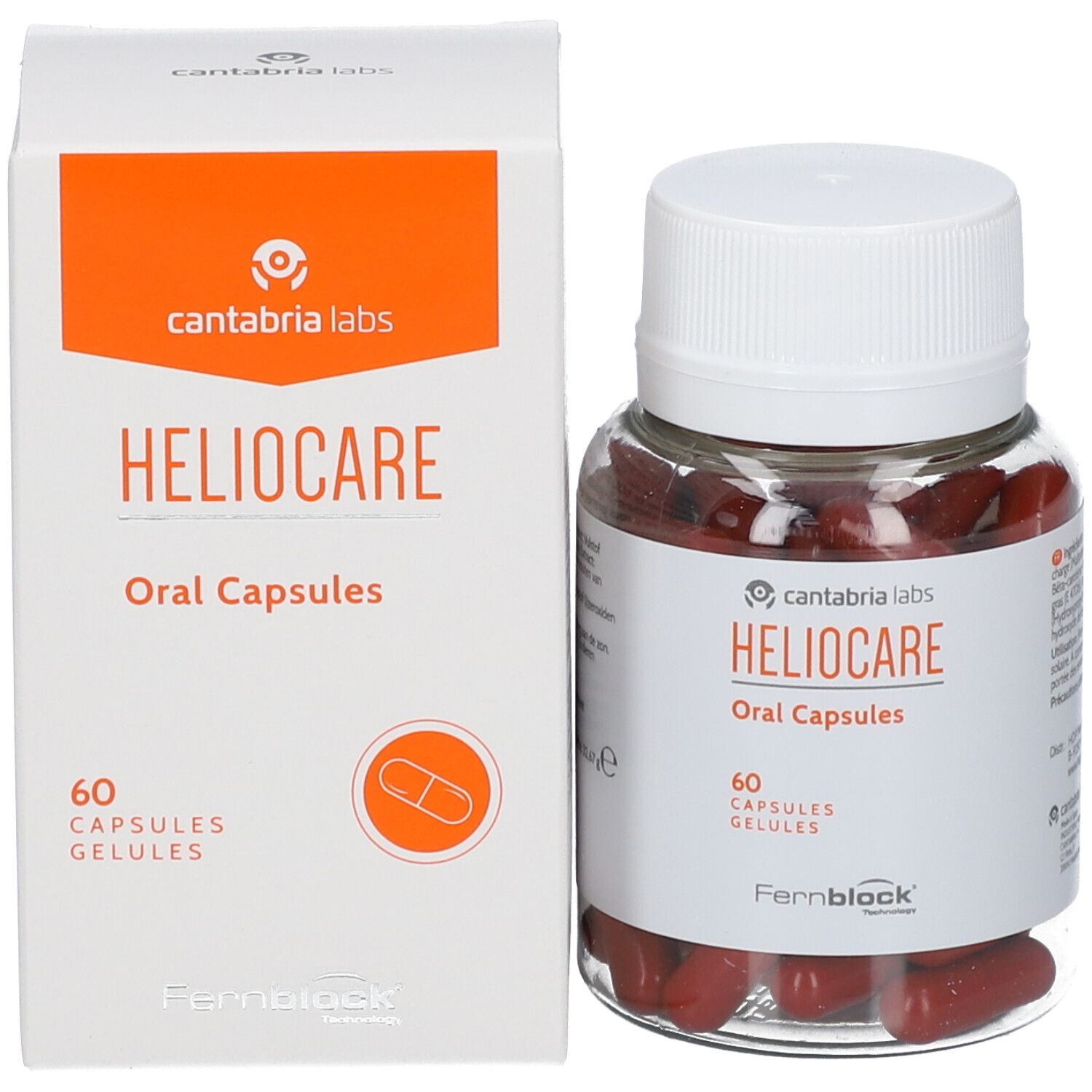 Emballage et flacon. Boîte blanche "Heliocare Oral Capsules". Flacon transparent avec capsules rouges.