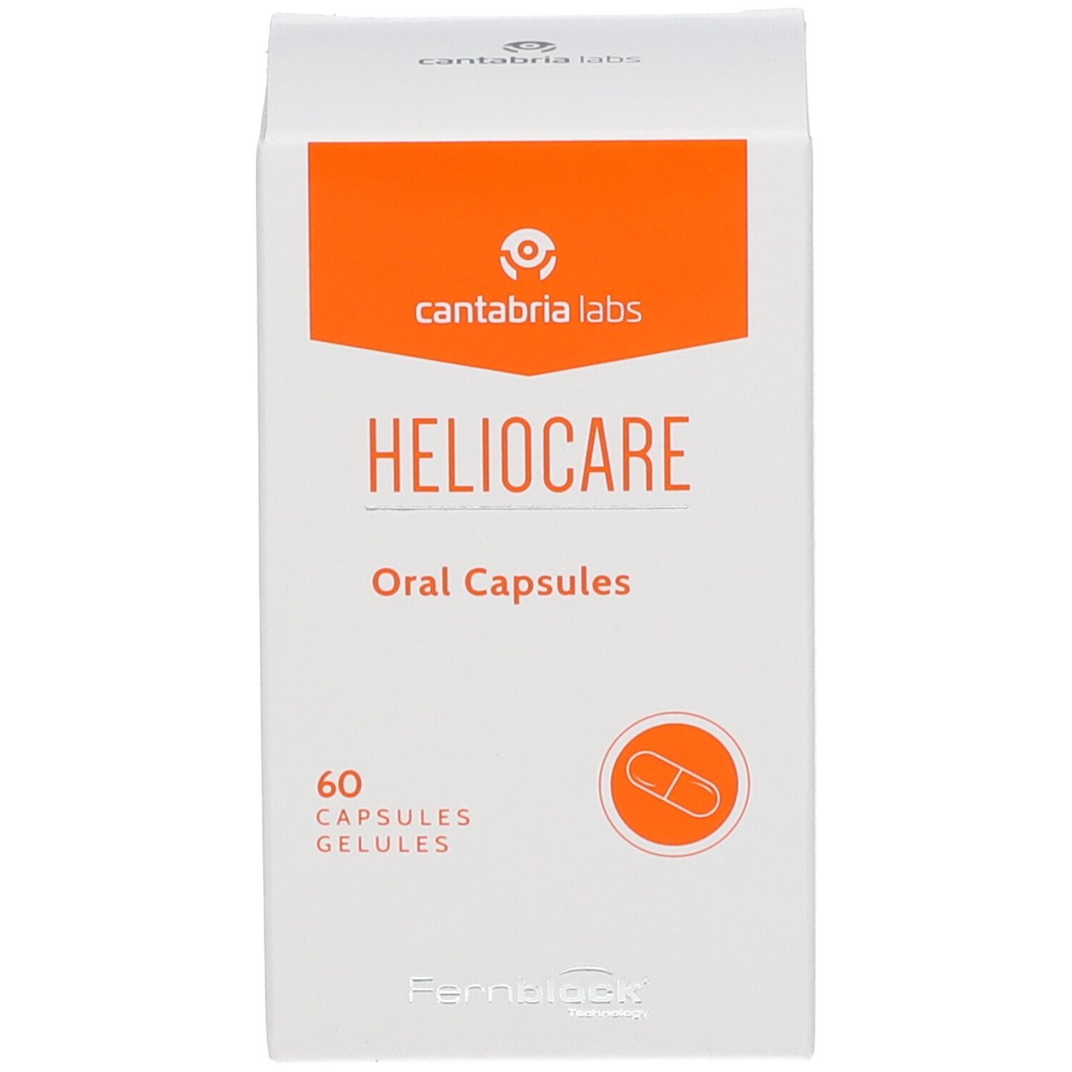 Boîte blanche "Heliocare Oral Capsules" et "60 Capsules". Logo et nom du produit.