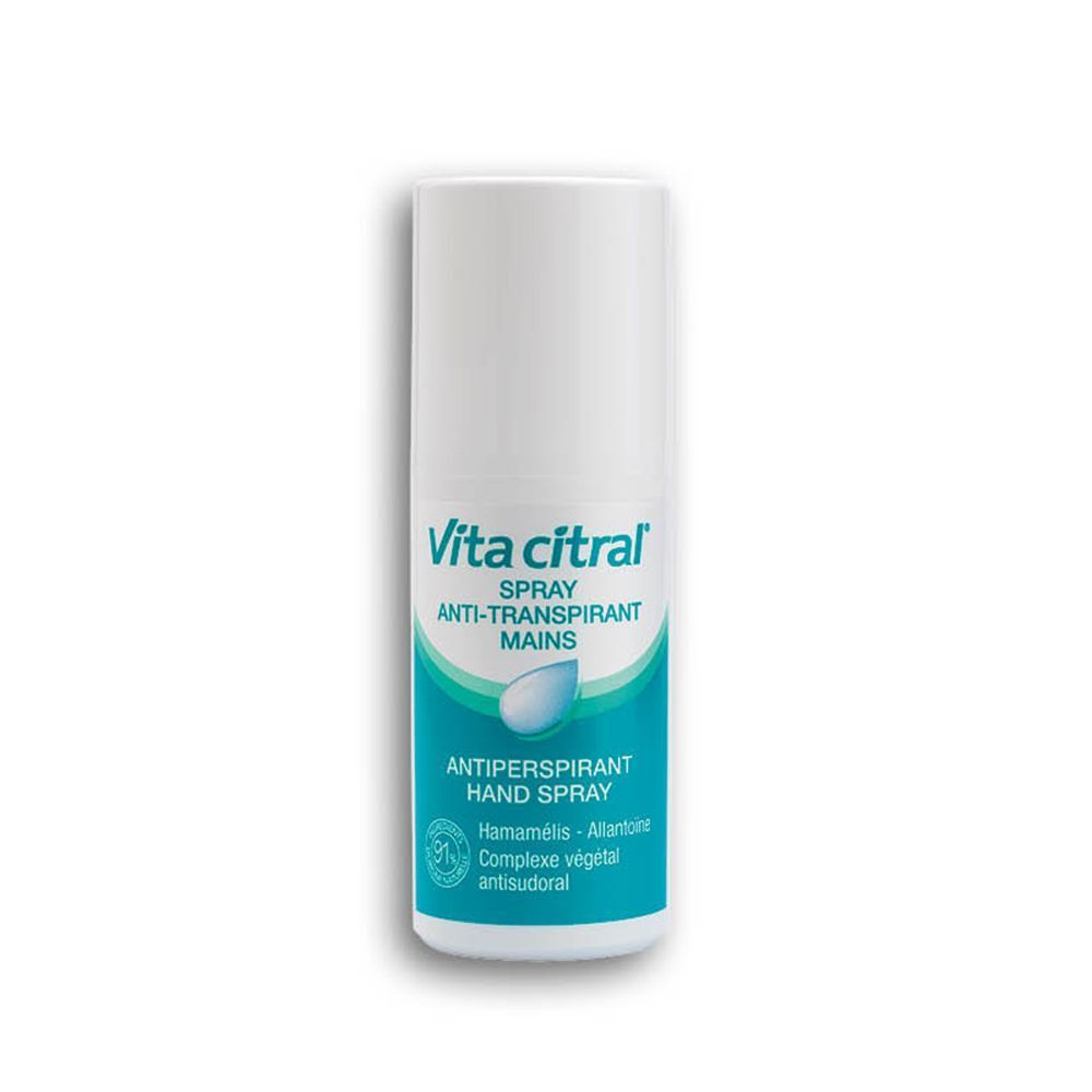 Spray Anti-Transpirant Mains Vita citral. Flacon blanc avec étiquette bleue. Texte: Anti-Transpirant Hand Spray. Avec Hamamélis et Allantoïne.
