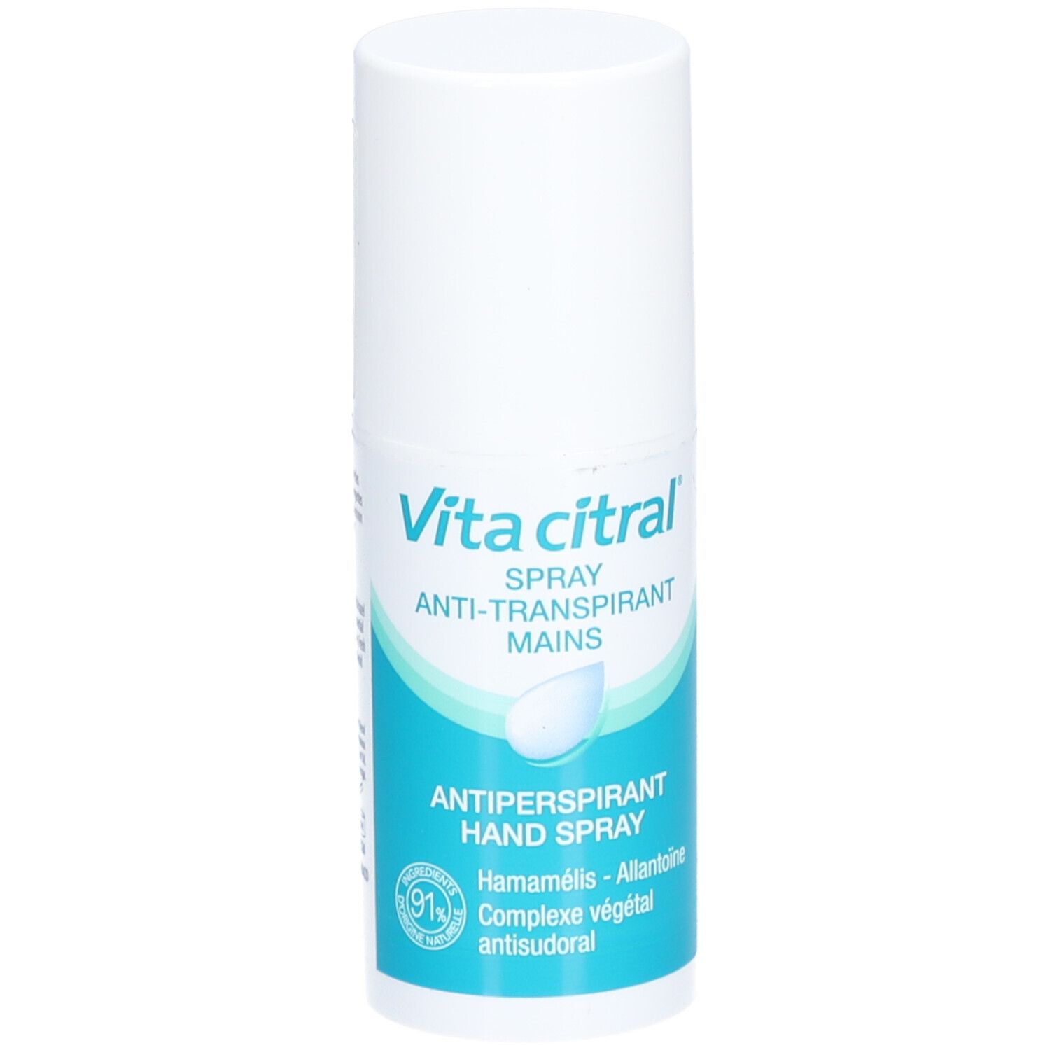 Spray Anti-Transpirant Mains Vita citral. Flacon blanc avec étiquette bleue. Texte: Anti-Transpirant Hand Spray. Avec Hamamélis et Allantoïne.