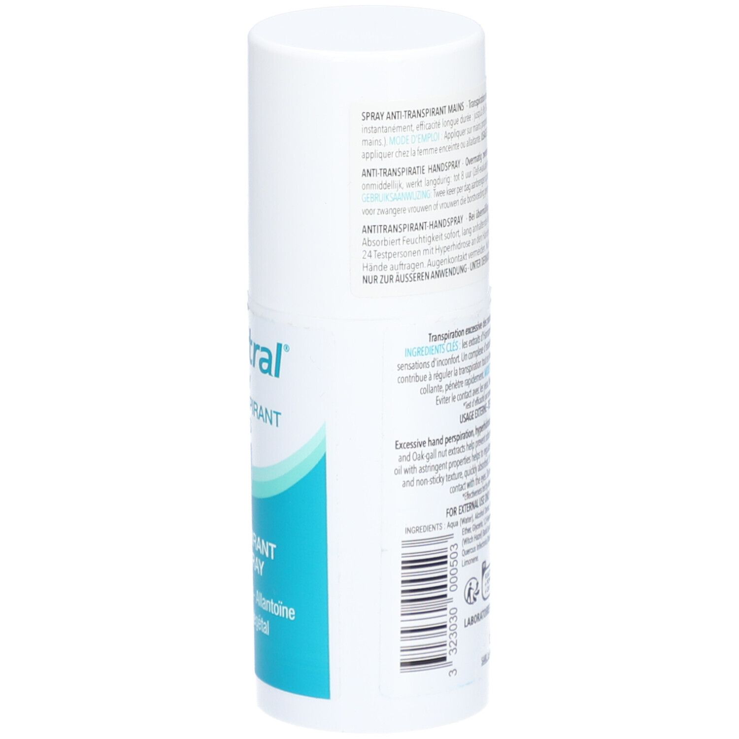 Spray Anti-Transpirant Mains Vita citral. Flacon blanc avec texte. Dos avec informations produit. Avec Hamamélis et Allantoïne.