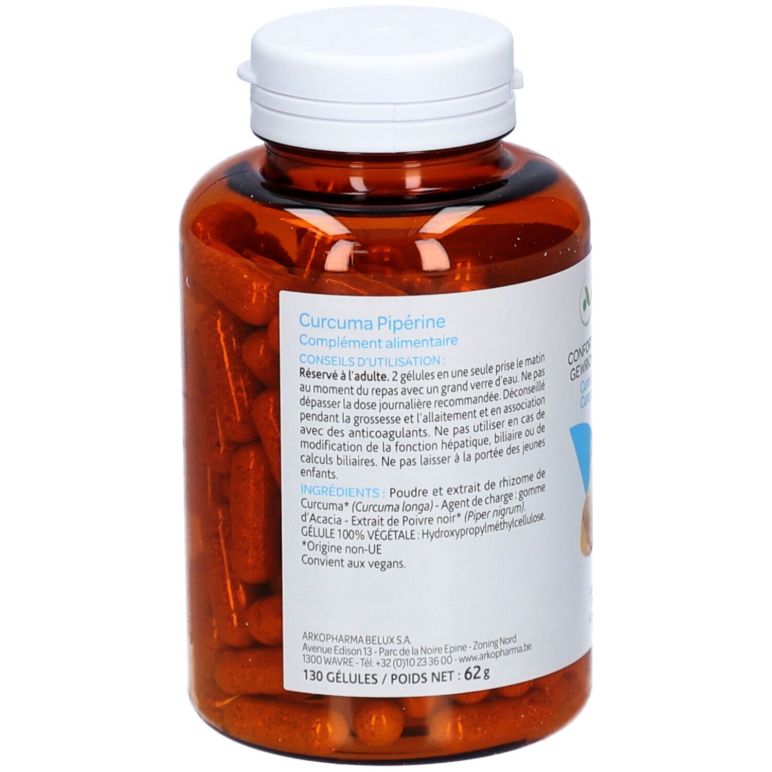Rückseite der braunen Flasche mit weißen Deckel. Aufschrift: Curcuma Pipérine. Inhaltsstoffe und Anwendungshinweise. 130 Kapseln.