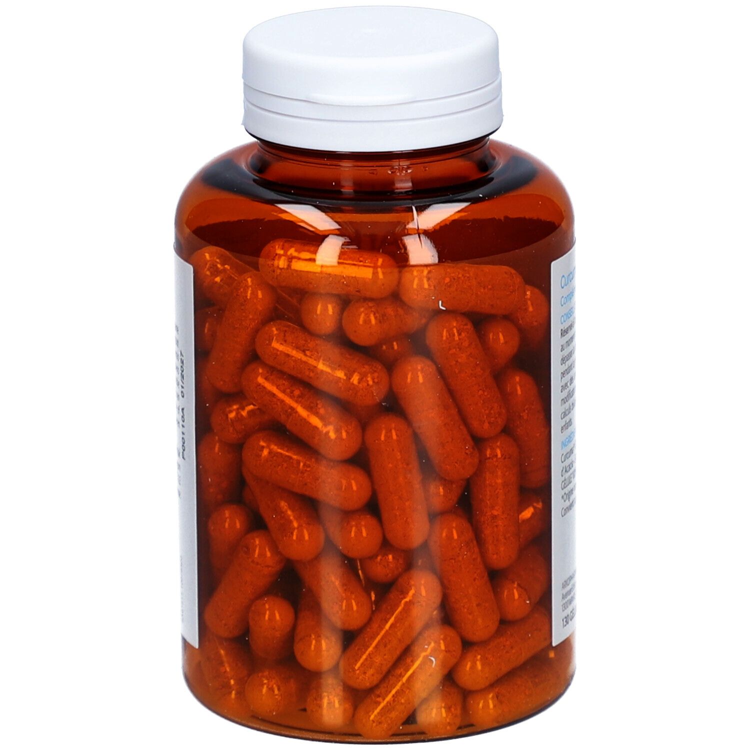 Braune Flasche mit weißen Deckel. Gefüllt mit orangefarbenen Kapseln. Keine weiteren Informationen sichtbar.