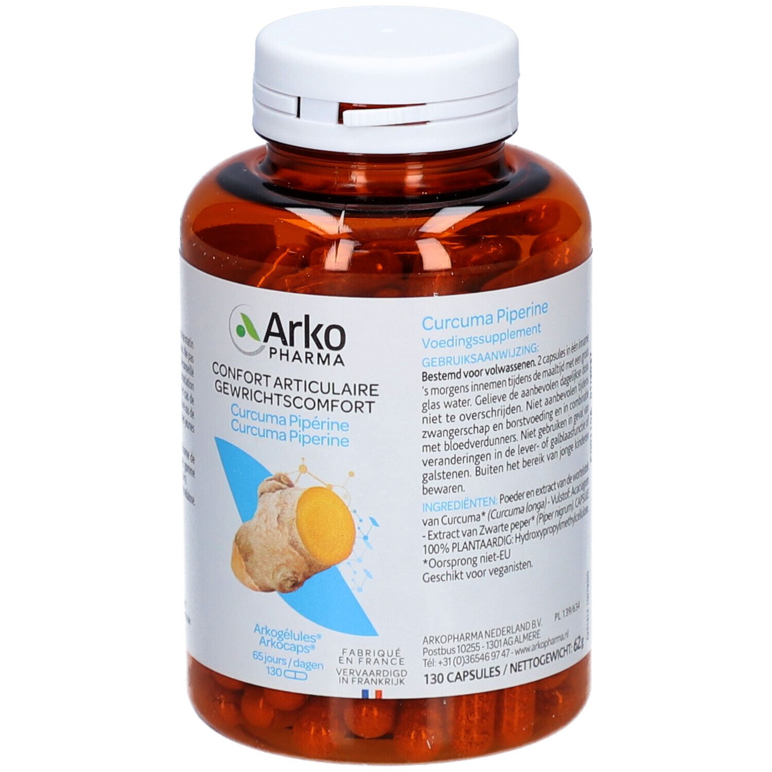 Braune Flasche mit weißen Deckel. Aufschrift: Arko Pharma, Curcuma Pipérine. Abbildung von Kurkuma und Ingwer. 130 Kapseln.