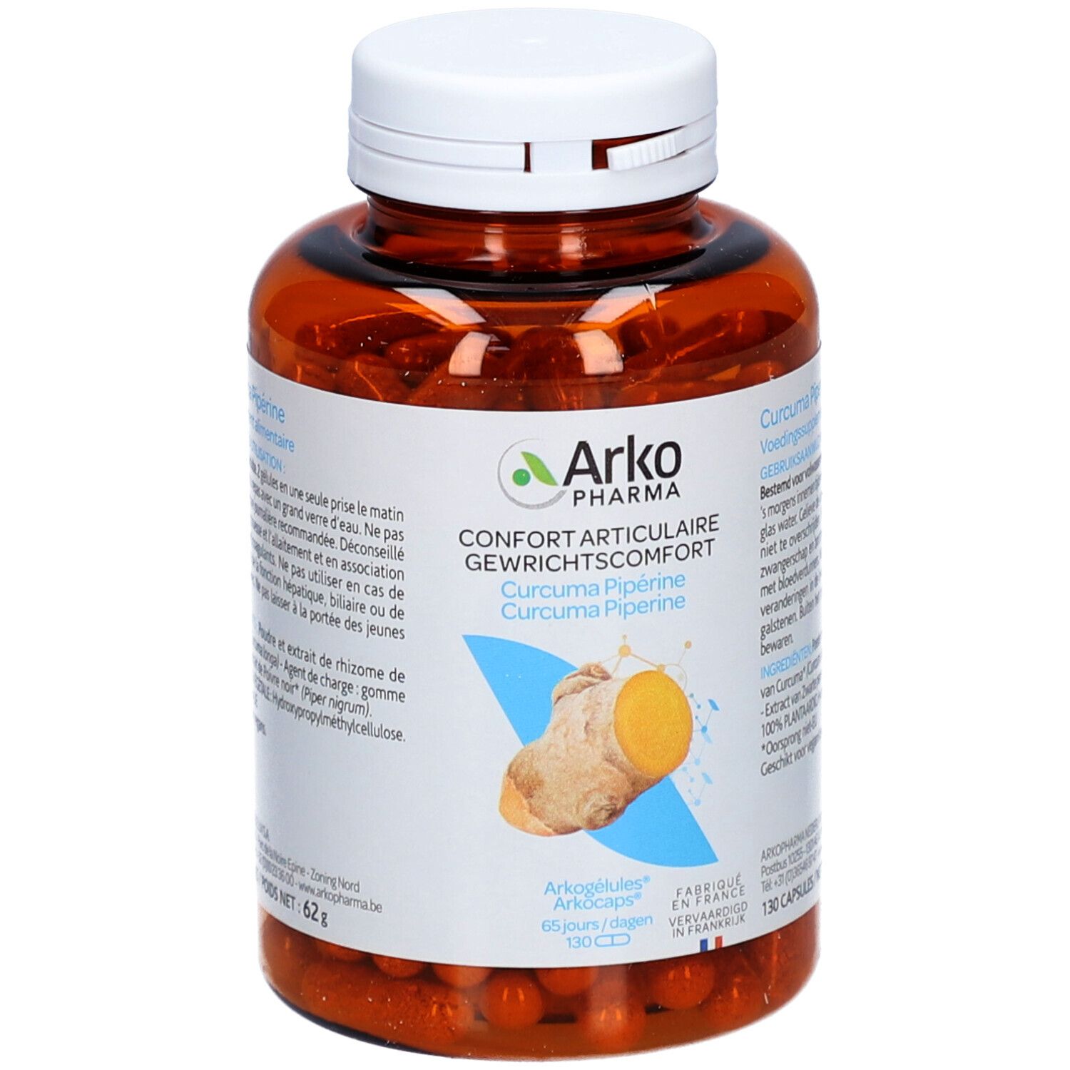 Braune Flasche mit weißen Deckel. Aufschrift: Arko Pharma, Curcuma Pipérine. Abbildung von Kurkuma und Ingwer. 130 Kapseln.