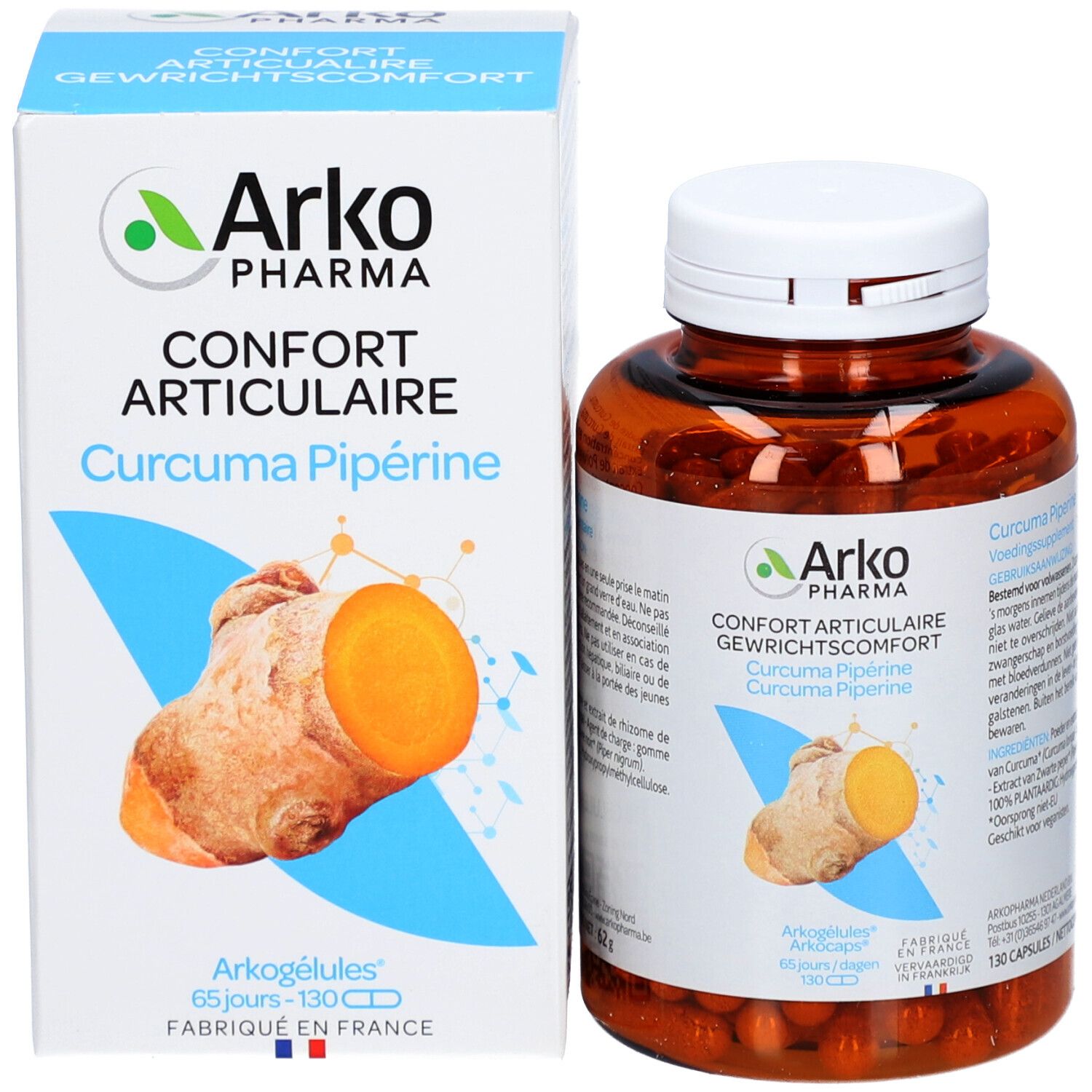 Produktverpackung und Flasche. Verpackung: weiß mit Logo, Produktname und Abbildung. Flasche: braun, weißer Deckel.