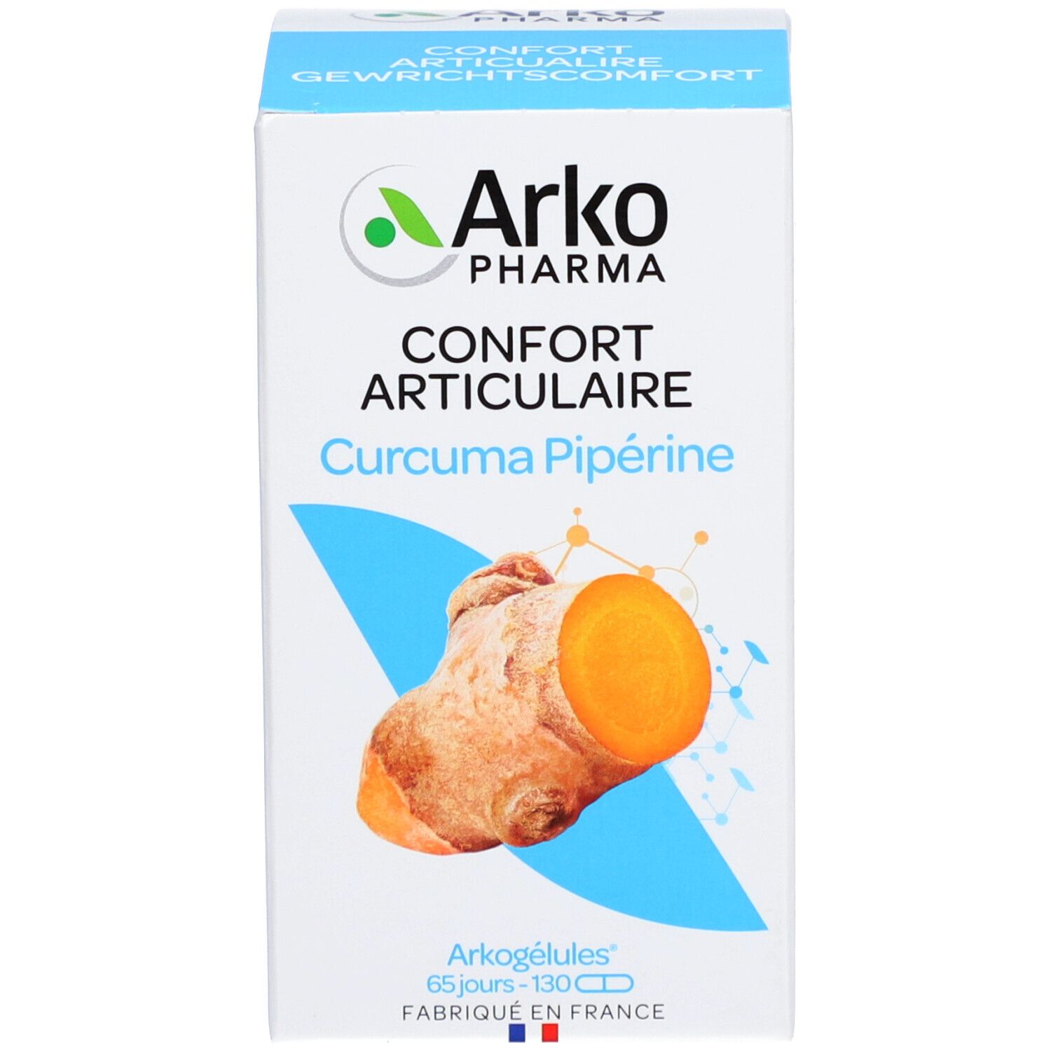 Weiße Produktverpackung. Aufschrift: Arko Pharma, Curcuma Pipérine. Abbildung von Kurkuma und Ingwer. 130 Kapseln.
