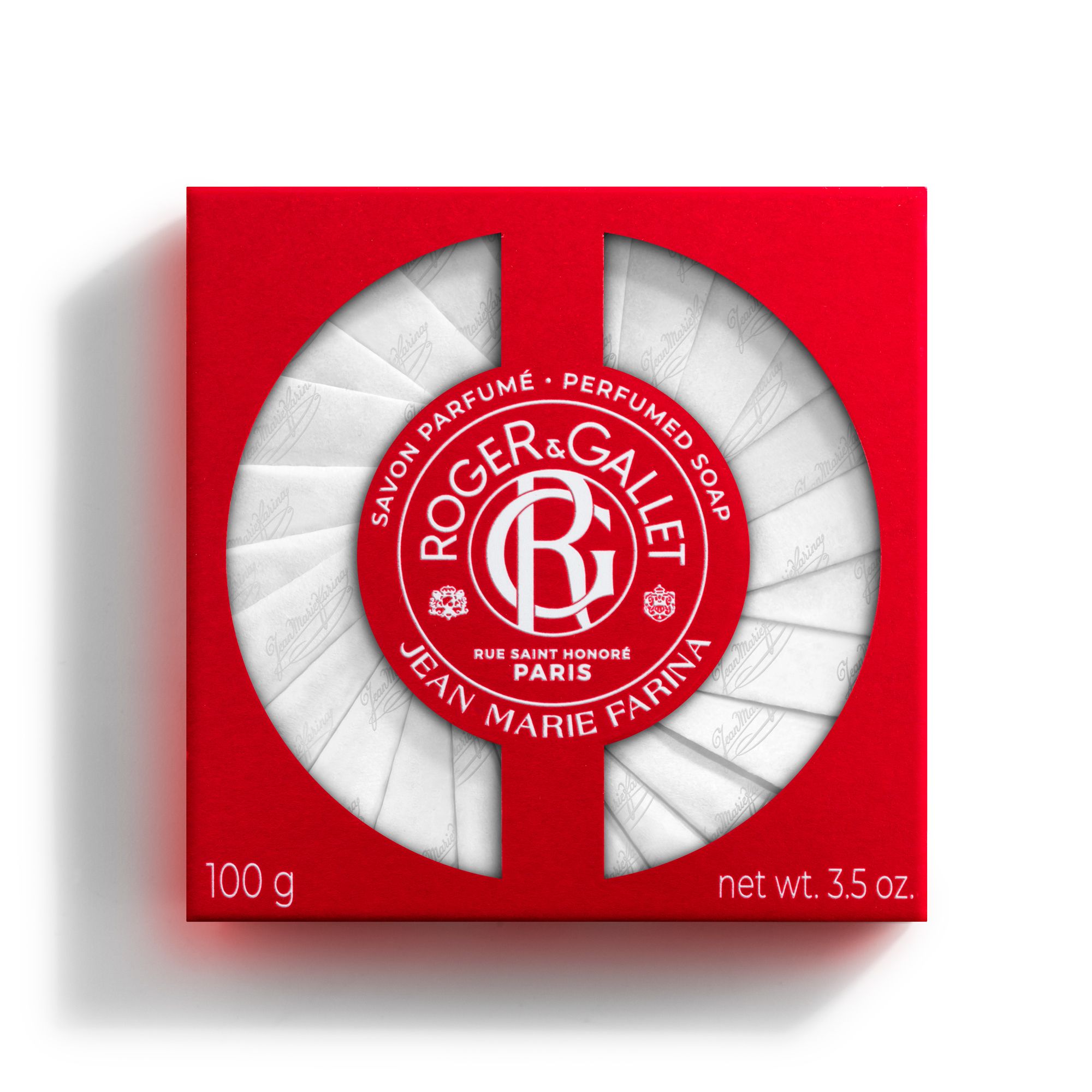 Boîte rouge avec savon blanc. Inscription: Roger & Gallet, Jean-Marie Farina. 100 g, 3.5 oz.