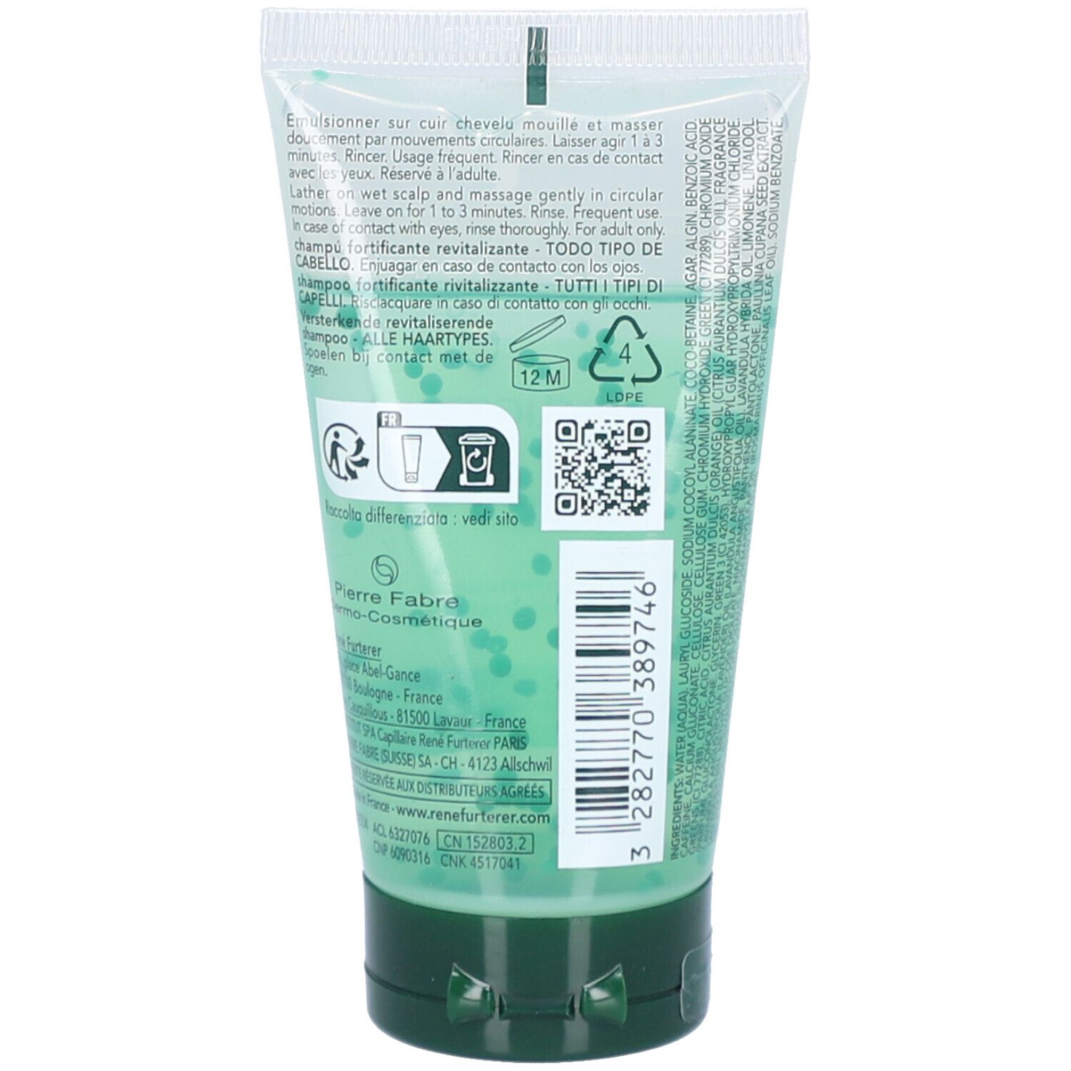 Grüne Tube mit revitalisierendem Shampoo, 12M Haltbarkeitssymbol.