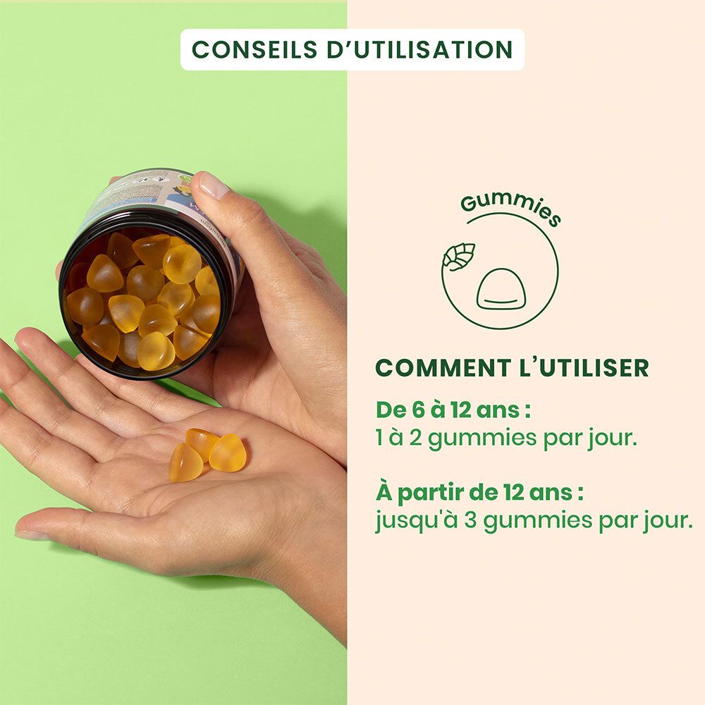 Main avec gummies. Conseils d'utilisation: 1-2 gummies pour 6-12 ans, jusqu'à 3 pour les plus âgés.