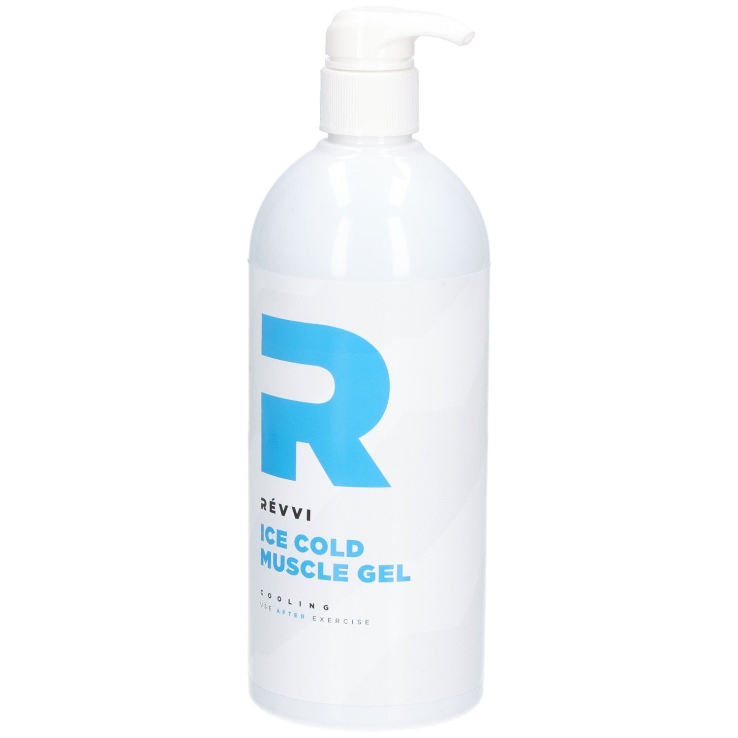 Flacon blanc avec logo "R" bleu et texte: RÉVVI ICE COLD MUSCLE GEL. Avec pompe. Rafraîchissant, après l'exercice.