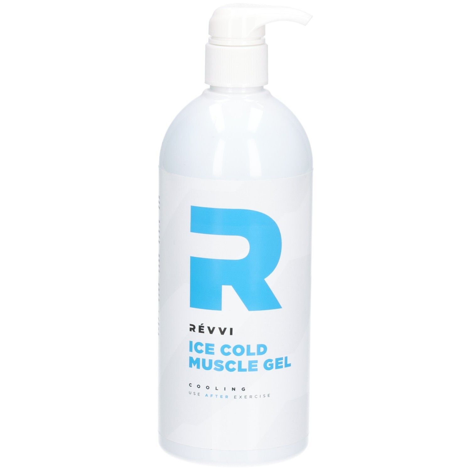 Flacon blanc avec logo "R" bleu et texte: RÉVVI ICE COLD MUSCLE GEL. Avec pompe. Rafraîchissant, après l'exercice.
