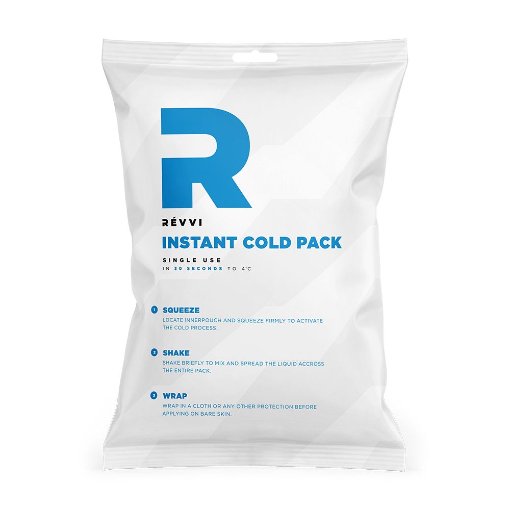 Sachet blanc avec logo "R" bleu et texte. "RÉVVI Instant Cold Pack" et instructions. Emballage individuel.