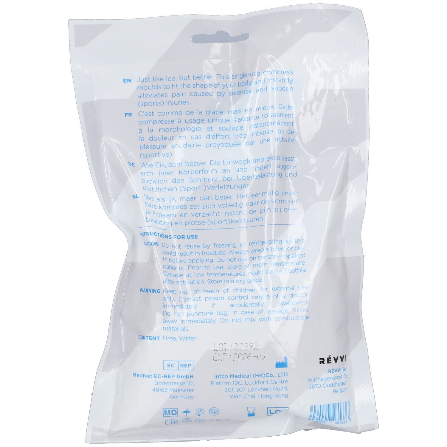 Dos d'un sachet blanc avec texte. Contient des instructions et des informations sur le produit. Informations du fabricant.