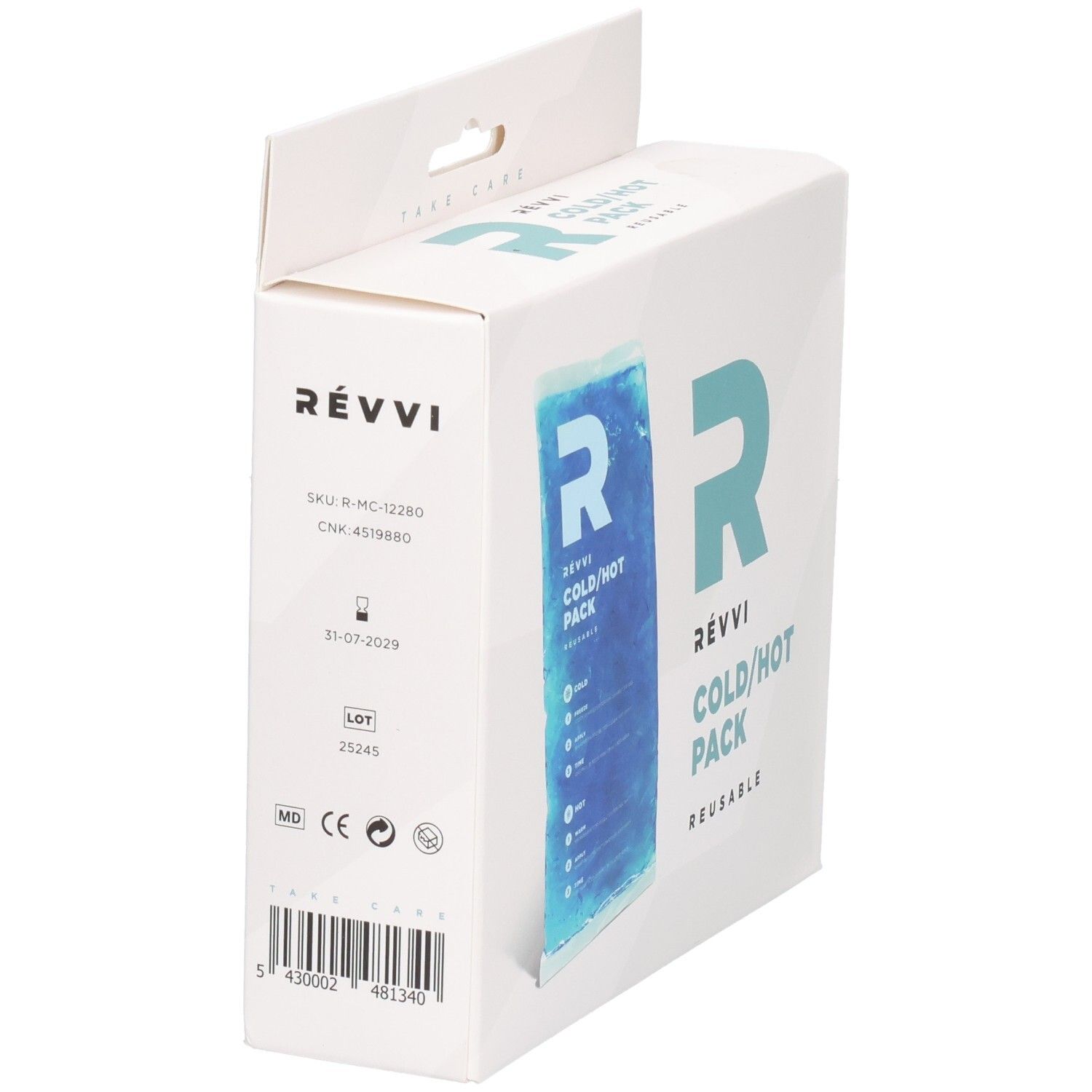 Emballage RÉVVI Cold/Hot Pack. Arrière avec informations produit. Code QR. Boîte blanche avec pack de gel bleu.