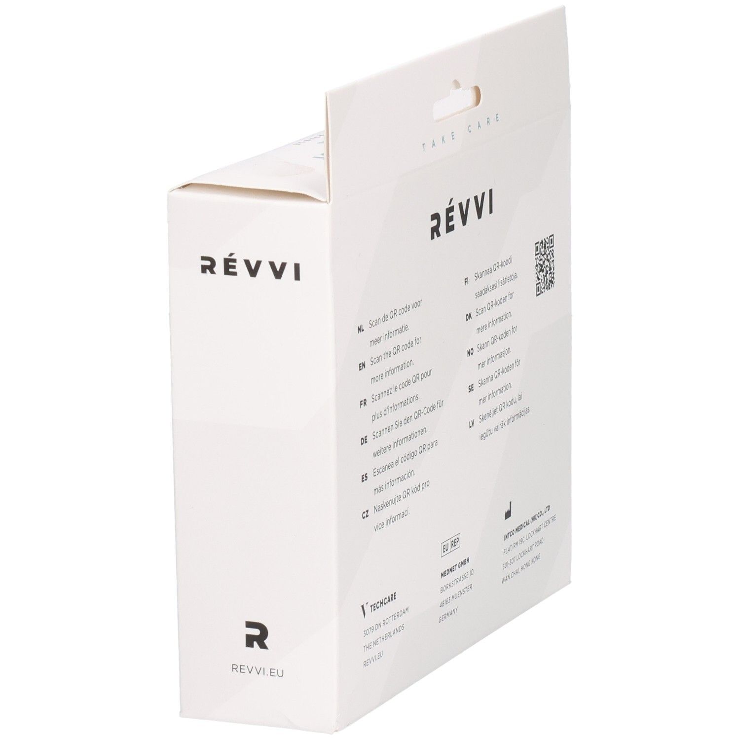 Emballage RÉVVI Cold/Hot Pack. Côté avec logo et texte. Boîte blanche. Code QR. Informations fabricant.