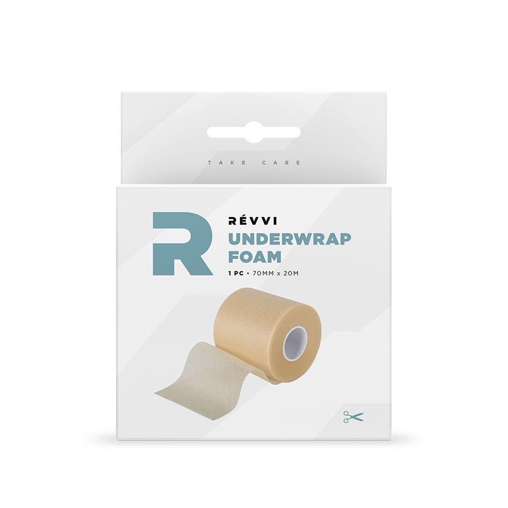 Emballage produit blanc avec image et texte. Inscription : RÉVVI Underwrap Foam. 1 rouleau de bandage en mousse.