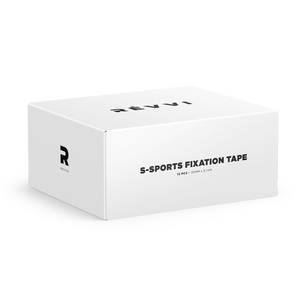 Weiße Produktverpackung mit dem Logo und der Aufschrift S-Sports Fixation Tape. Aufschrift: 16 PER / 25mm x 9.14m.