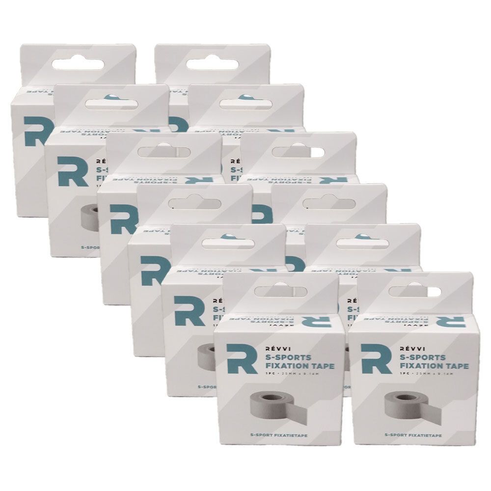Mehrere Produktverpackungen mit dem Logo und der Aufschrift S-Sports Fixation Tape. Die Verpackungen sind weiß mit einem grauen Band.