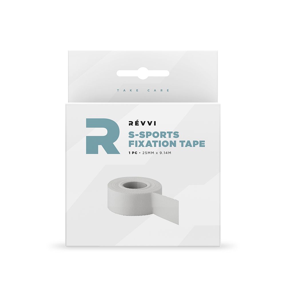 Produktverpackung mit Logo und Aufschrift S-Sports Fixation Tape. Auf der Verpackung ist ein graues Klebeband abgebildet. Aufschrift: 1PC - 25mm x 9.14m.