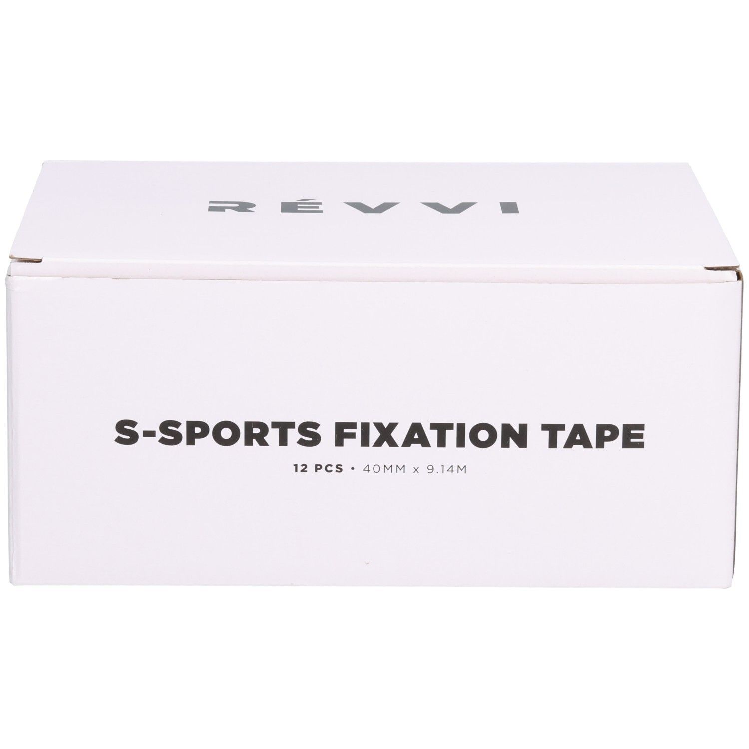 Weiße Box mit schwarzem Text: RÉVVI, S-SPORTS FIXATION TAPE, 12 Stück, 40 mm x 9,14 m. Produktverpackung.