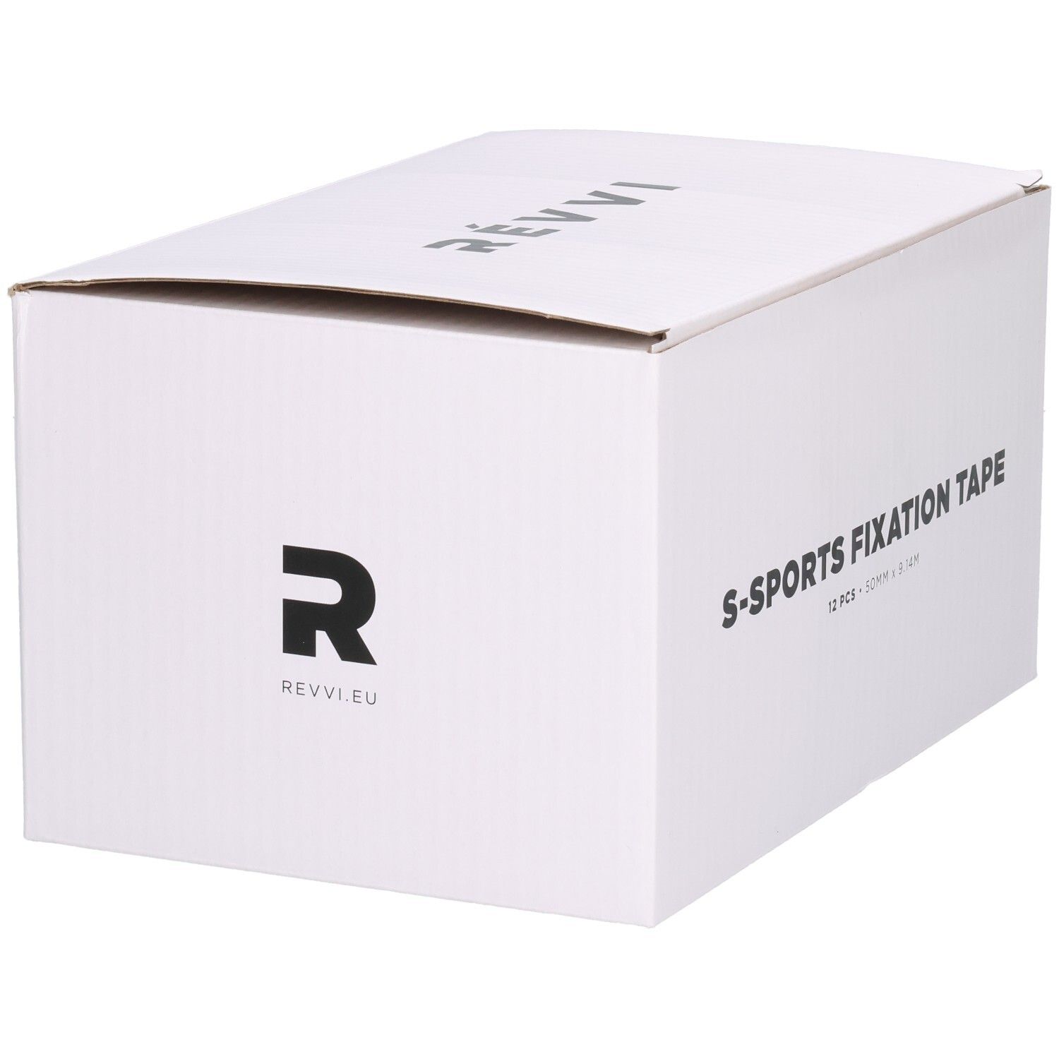 Boîte blanche avec texte S-SPORTS FIXATION TAPE, 12 pièces, 50 mm x 9,14 m. Logo Révvi.
