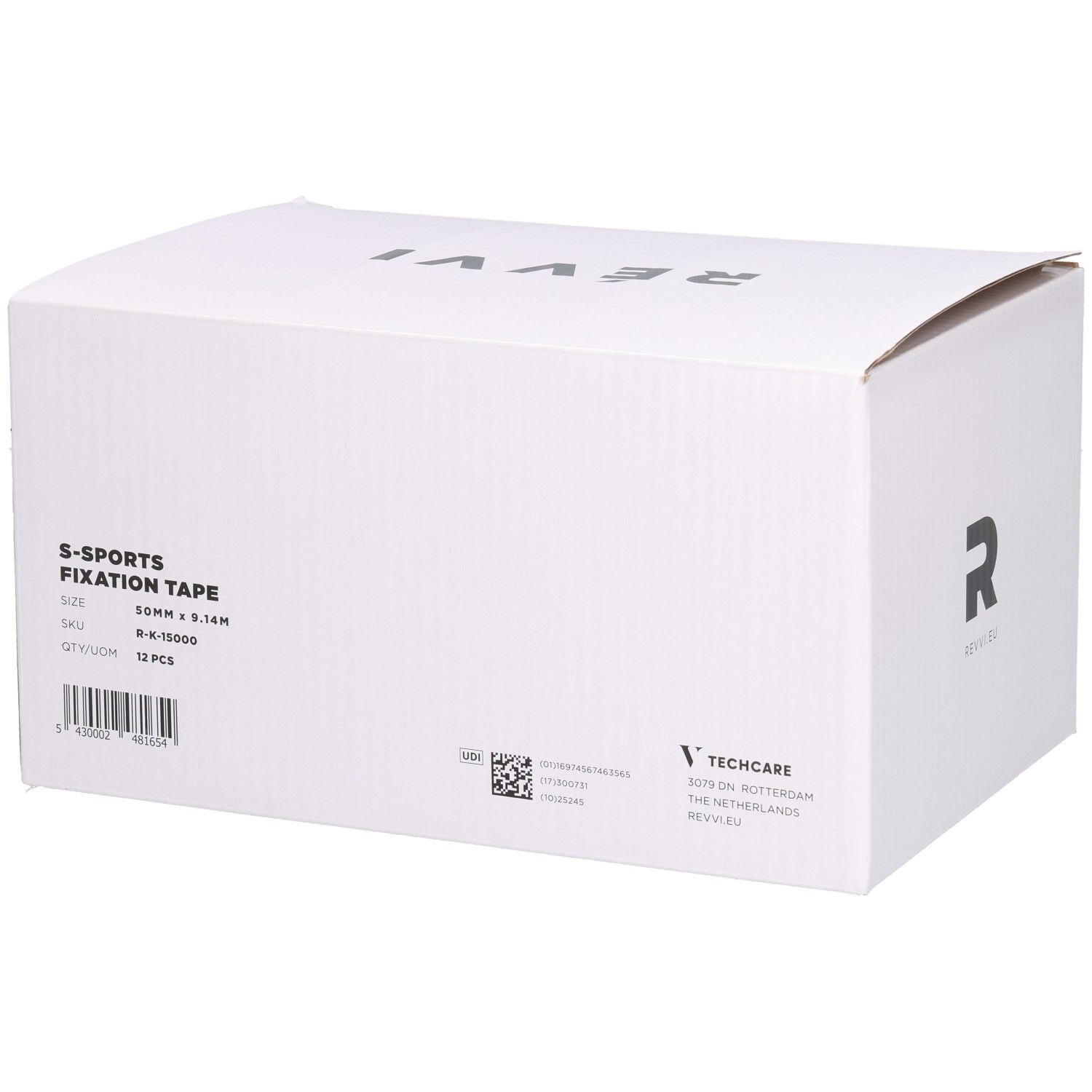 Boîte blanche avec texte S-SPORTS FIXATION TAPE, 12 pièces, 50 mm x 9,14 m. Logo Révvi.