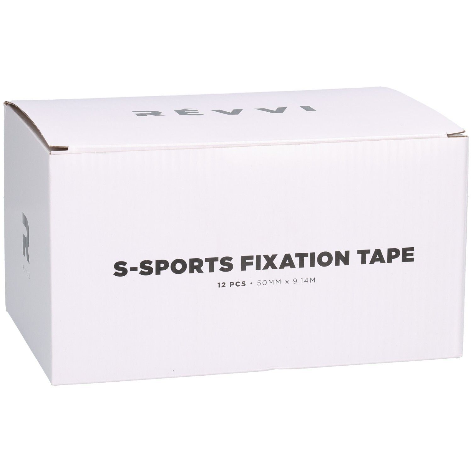 Boîte blanche avec texte S-SPORTS FIXATION TAPE, 12 pièces, 50 mm x 9,14 m. Logo Révvi.