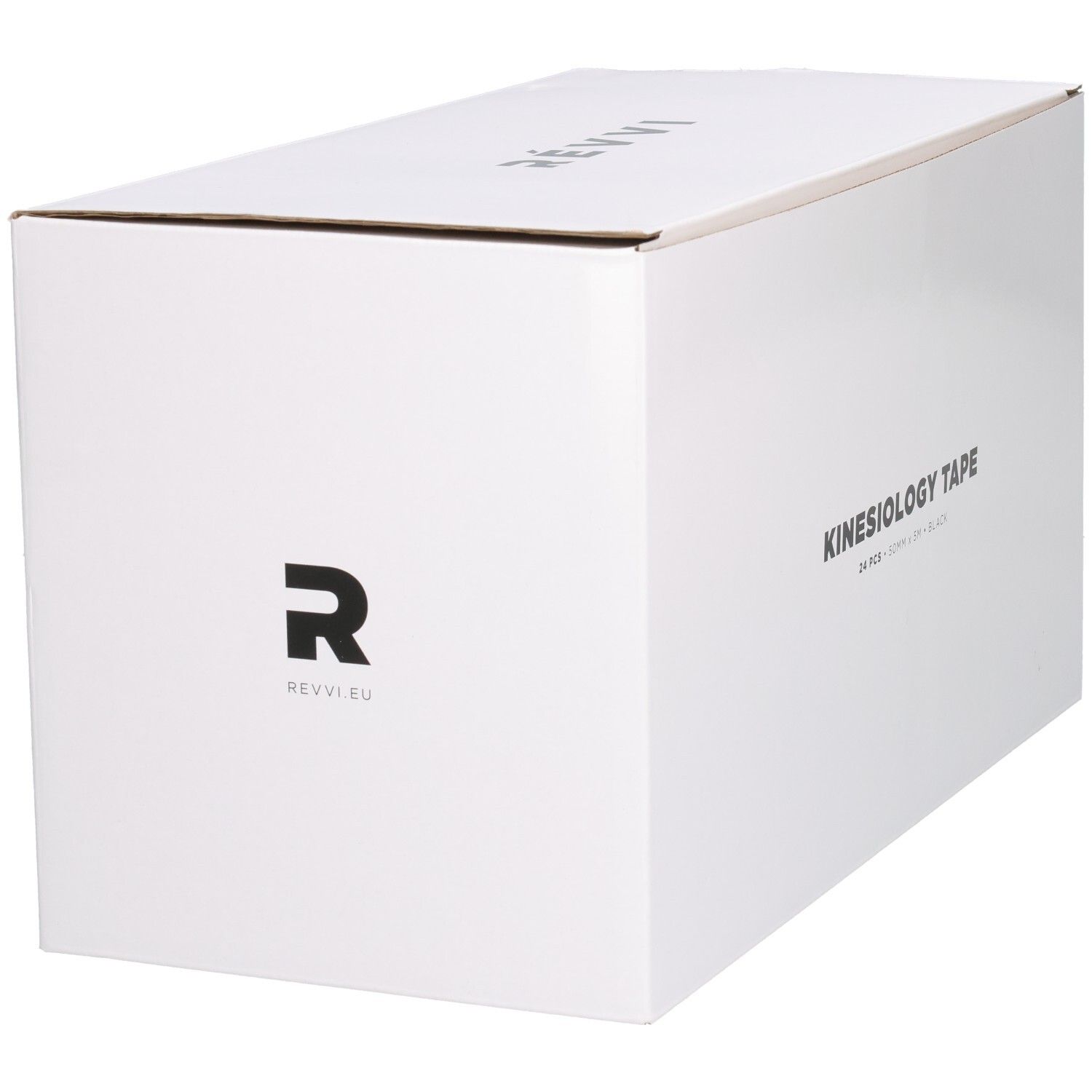 Weiße Box mit KINESIOLOGY TAPE Aufschrift. Logo und Markenname. Enthält 24 Stück, 50mm x 5m, schwarz.