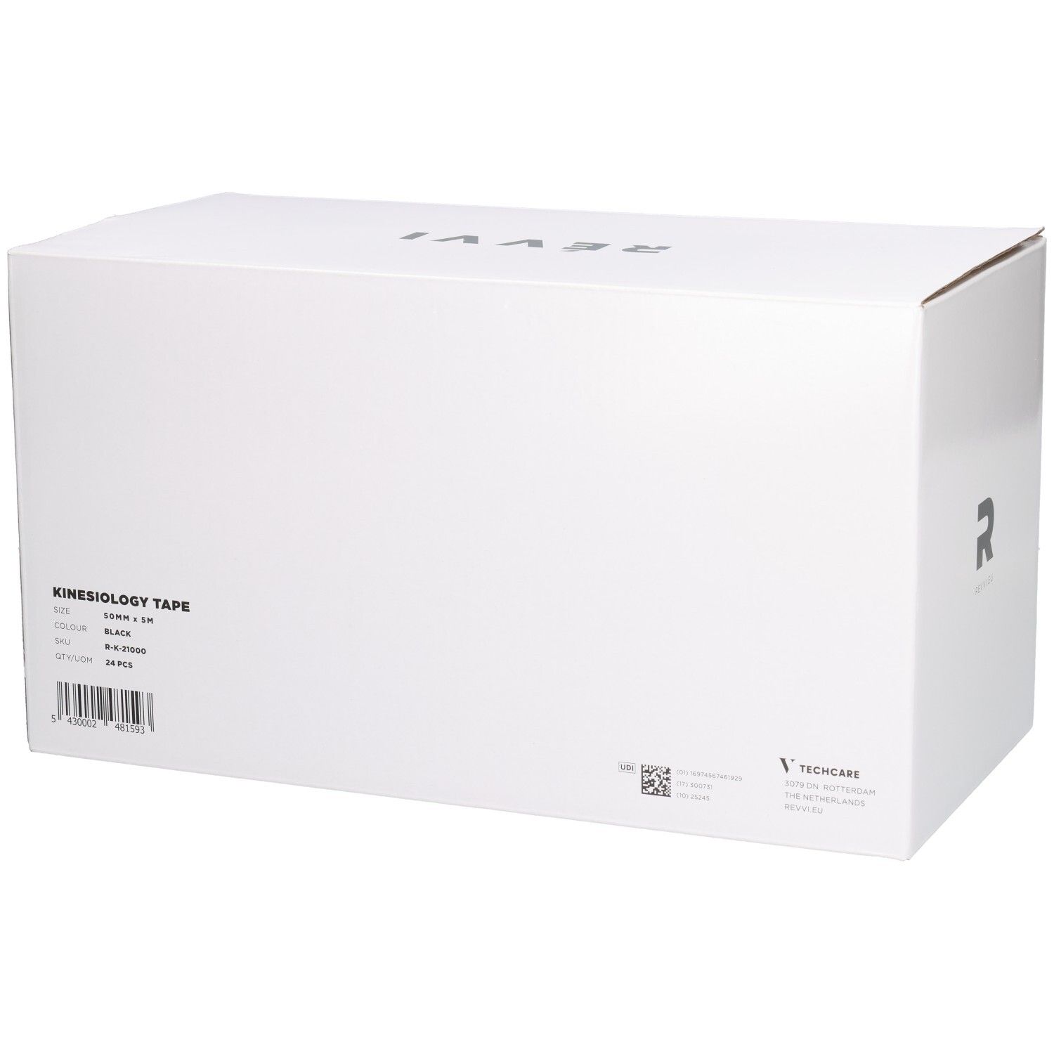 Weiße Box mit KINESIOLOGY TAPE Aufschrift. Logo und Markenname. Enthält 24 Stück, 50mm x 5m, schwarz.