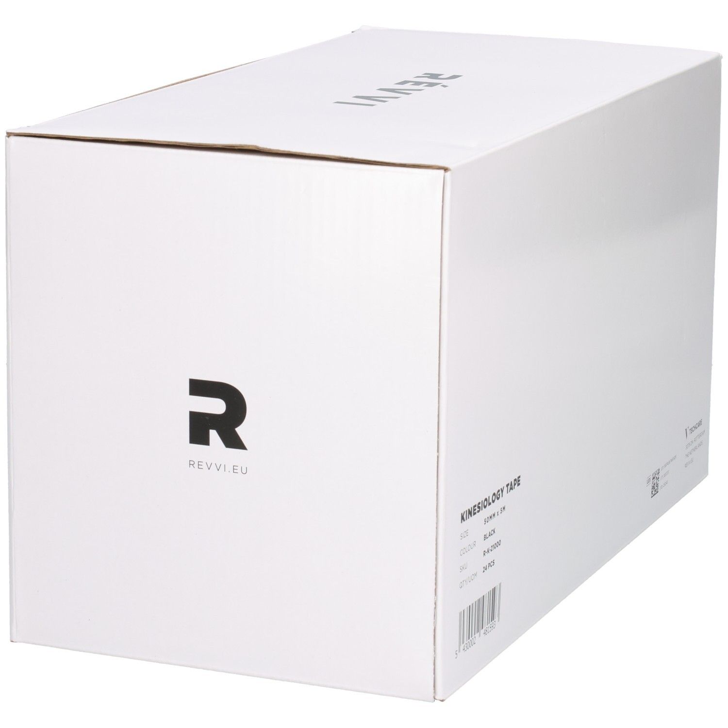 Weiße Box mit KINESIOLOGY TAPE Aufschrift. Logo und Markenname. Enthält 24 Stück, 50mm x 5m, schwarz.