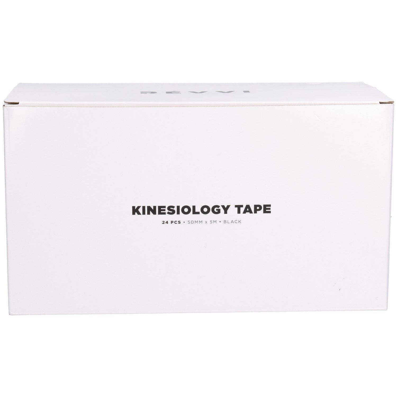 Weiße Box mit KINESIOLOGY TAPE Aufschrift. Enthält 24 Stück, 50mm x 5m, schwarz. Logo und Markenname.