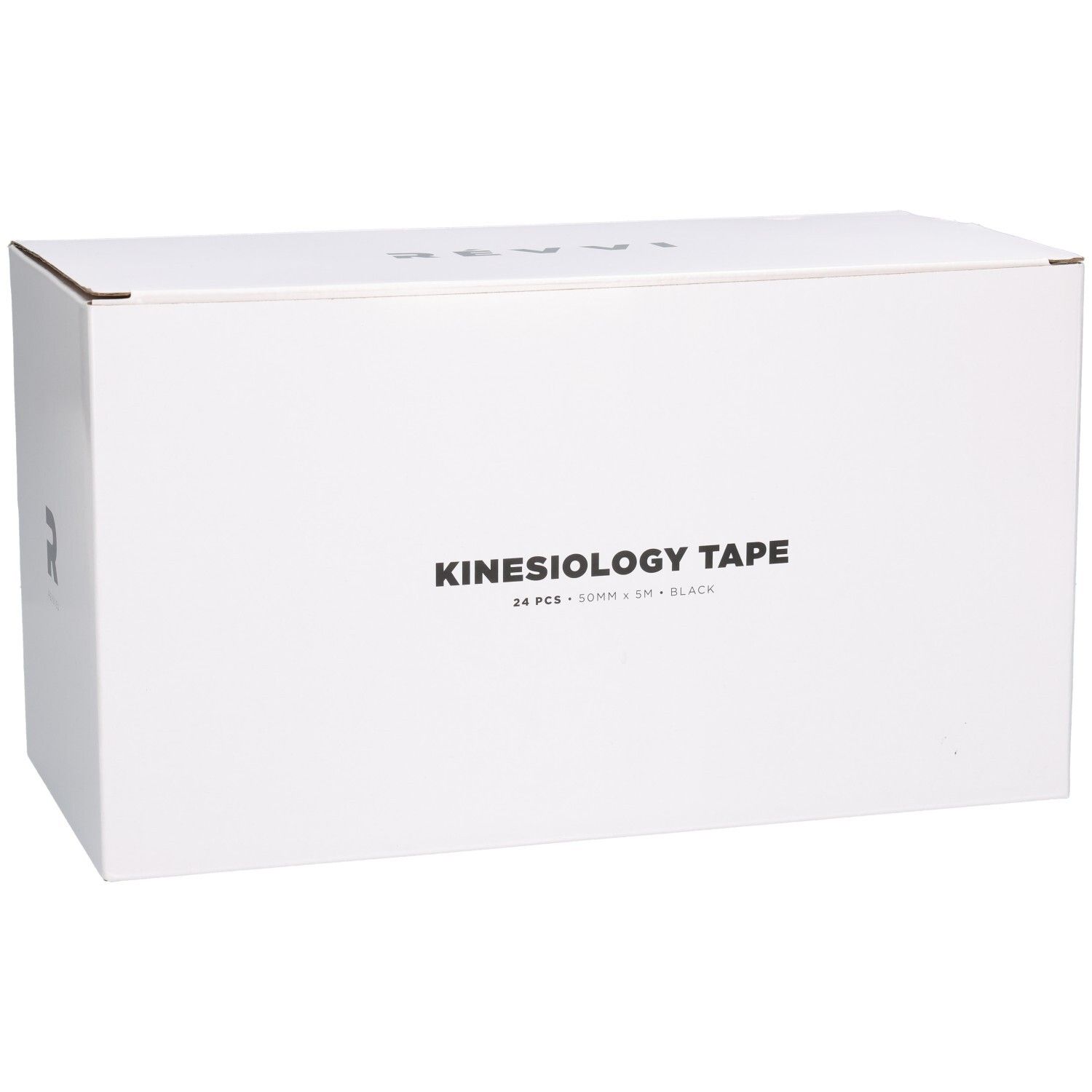Weiße Box mit KINESIOLOGY TAPE Aufschrift. Enthält 24 Stück, 50mm x 5m, schwarz. Logo und Markenname.