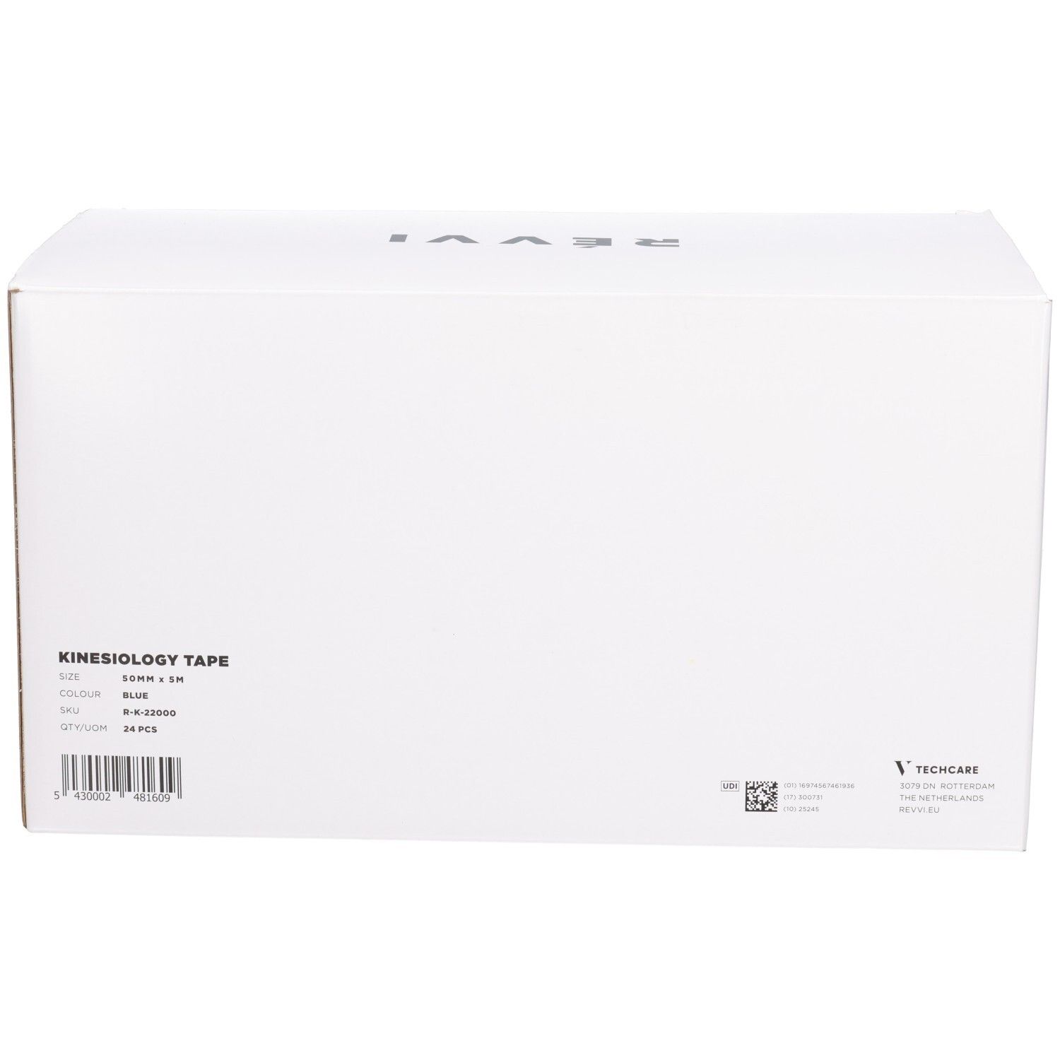 Weiße Box mit Aufschrift Kinesiology Tape. Enthält 24 Stück. Blaue Farbe. Marke RÉVVI oben.