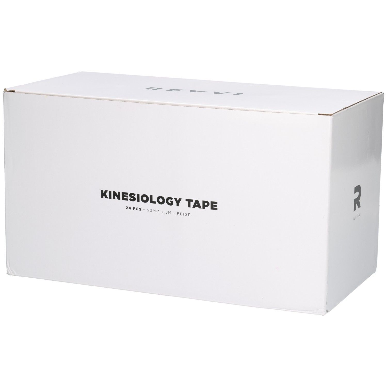 Weiße Kartonbox mit "KINESIOLOGY TAPE" Aufschrift und "REVVI" Logo.