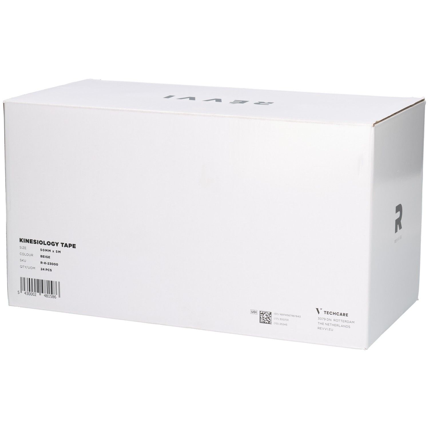 Rückseite einer weißen Kartonbox mit Produktinformationen und "TECHCARE" Logo.