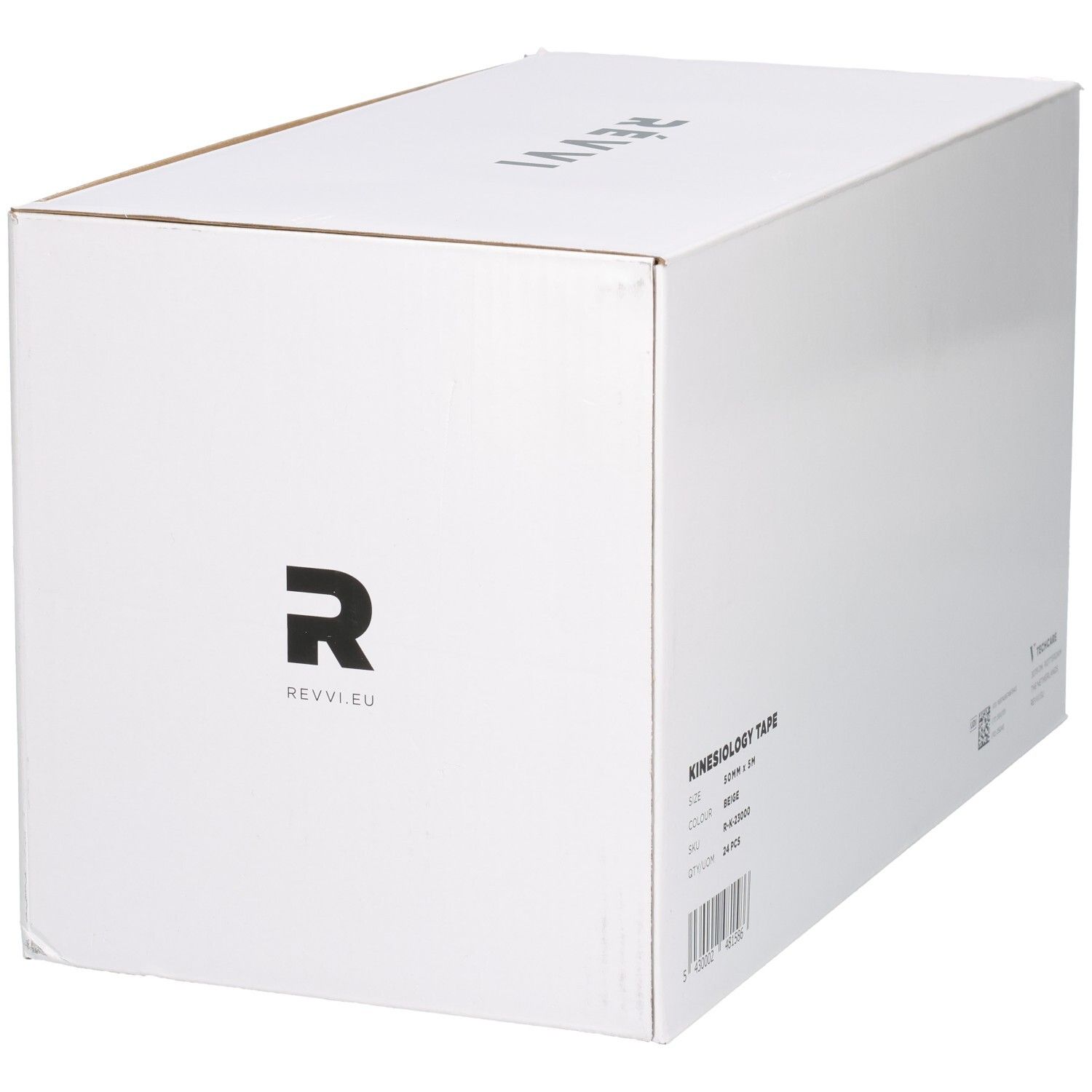 Seitenansicht einer weißen Kartonbox mit "REVVI" Logo und Produktinformationen.