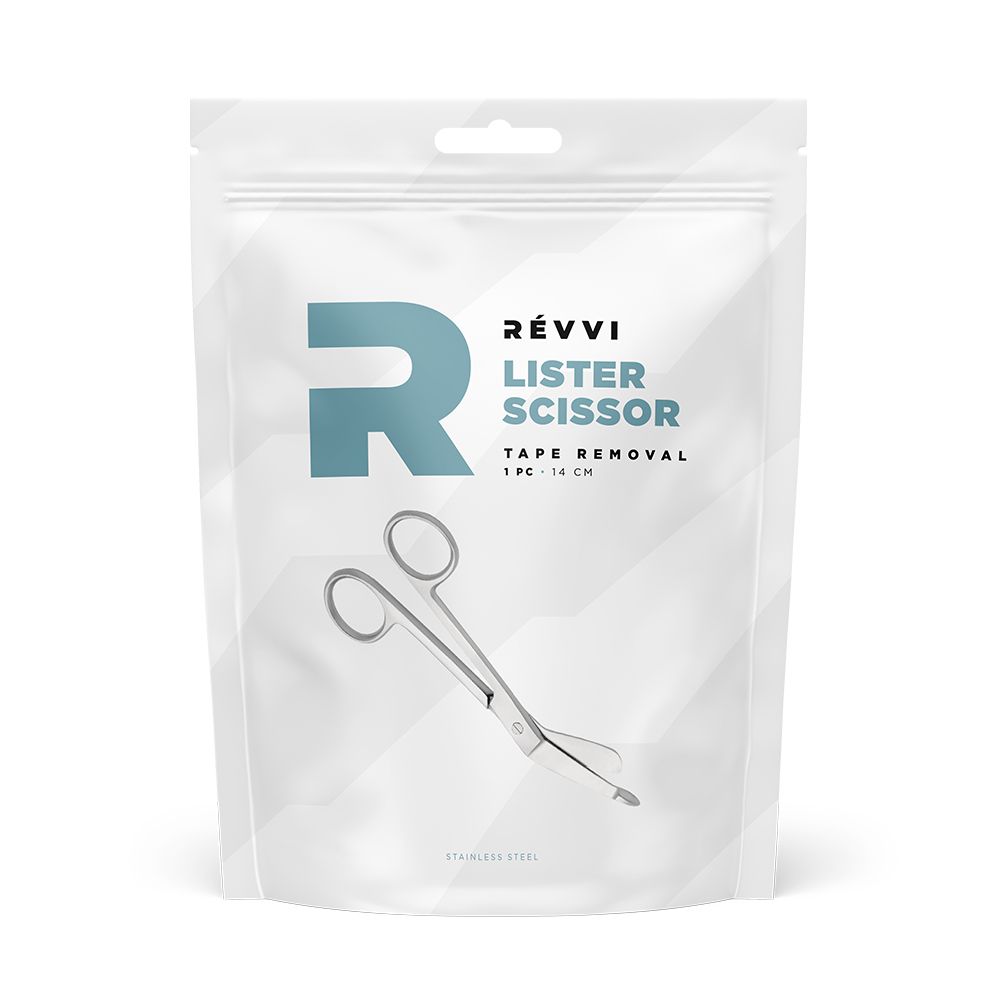 Emballage avec ciseaux. Inscription : RÉVVI, Lister scissor, tape removal. Ciseaux en acier inoxydable, 14 cm.