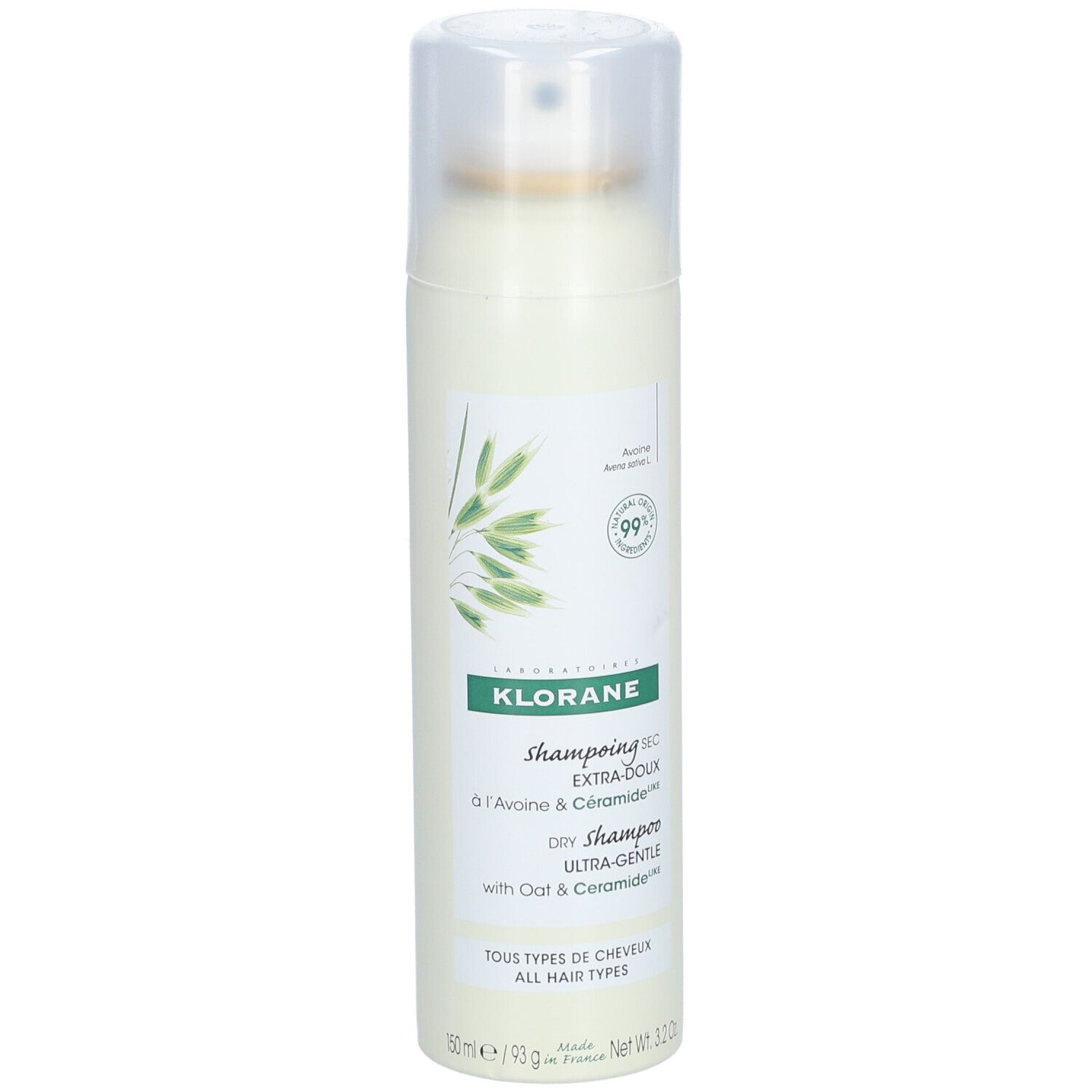 KLORANE Trockenshampoo-Spray. Weiße Flasche mit grünem Etikett. Enthält Hafer und Ceramide.
