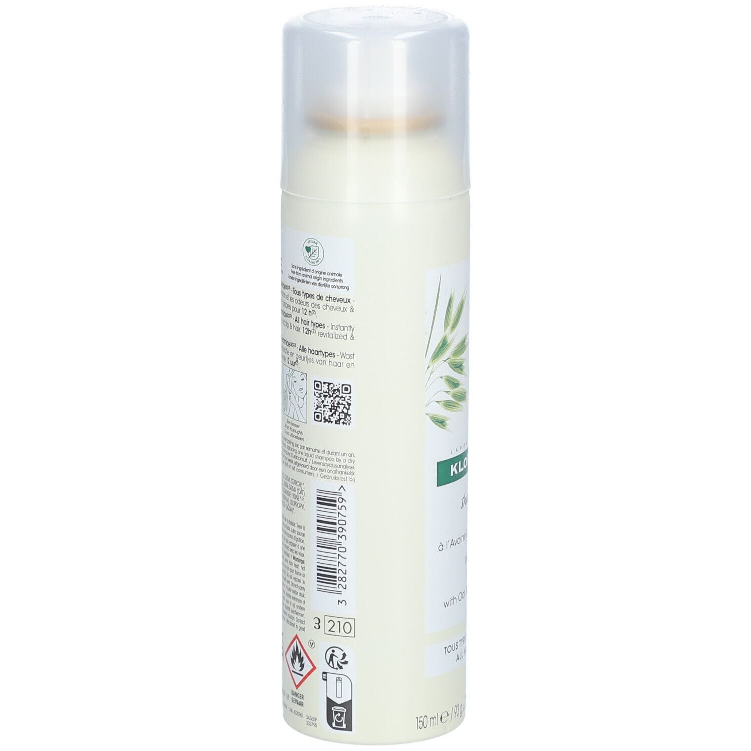 Rückseite der Trockenshampoo-Spray-Flasche. Enthält Informationen und Symbole. Hersteller: Pierre Fabre.