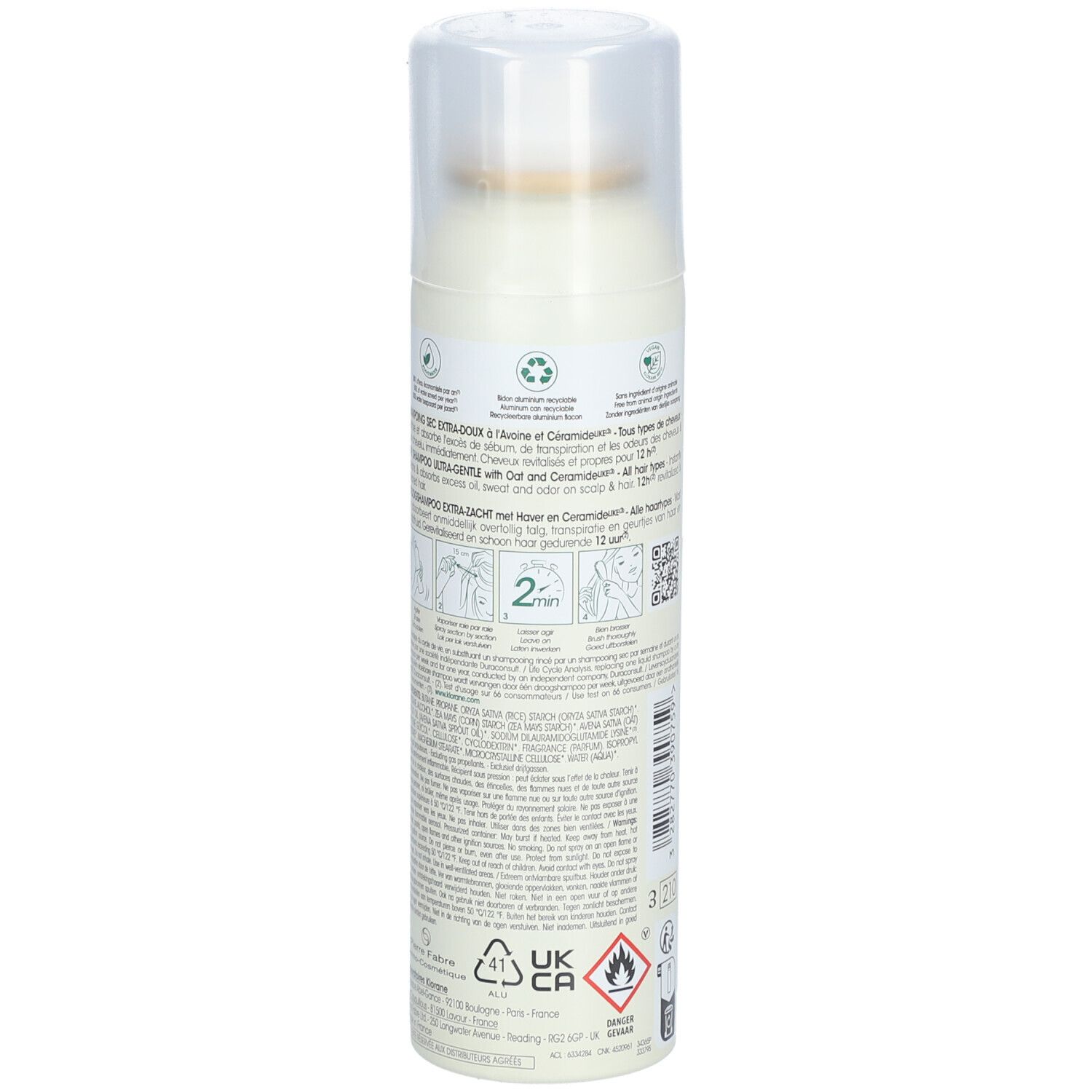 Rückseite der Trockenshampoo-Spray-Flasche. Enthält Informationen und Symbole. Hersteller: Pierre Fabre.