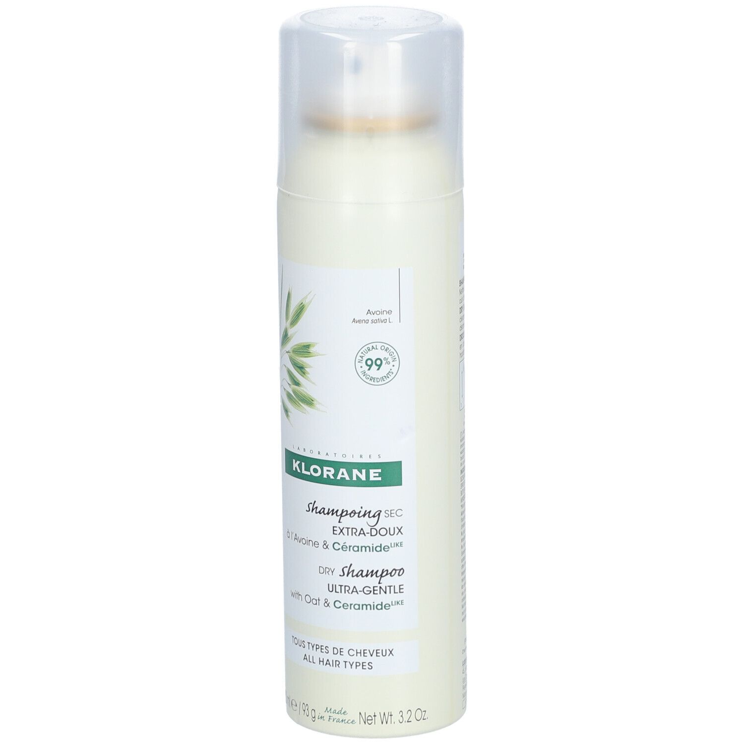 KLORANE Trockenshampoo-Spray. Weiße Flasche mit grünem Etikett. Enthält Hafer und Ceramide.