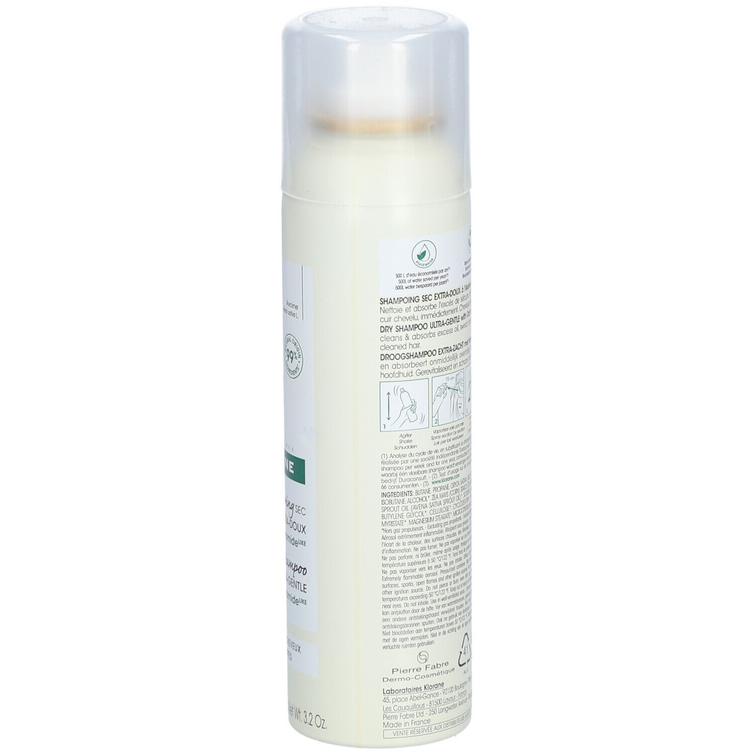 Rückseite der Trockenshampoo-Spray-Flasche. Enthält Informationen und Symbole. Hersteller: Pierre Fabre.